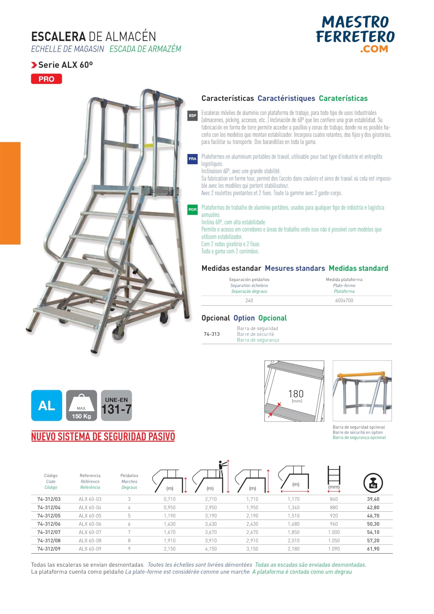 Escalera de Almacén ALX 60-05 con Plataforma 600x700 mm