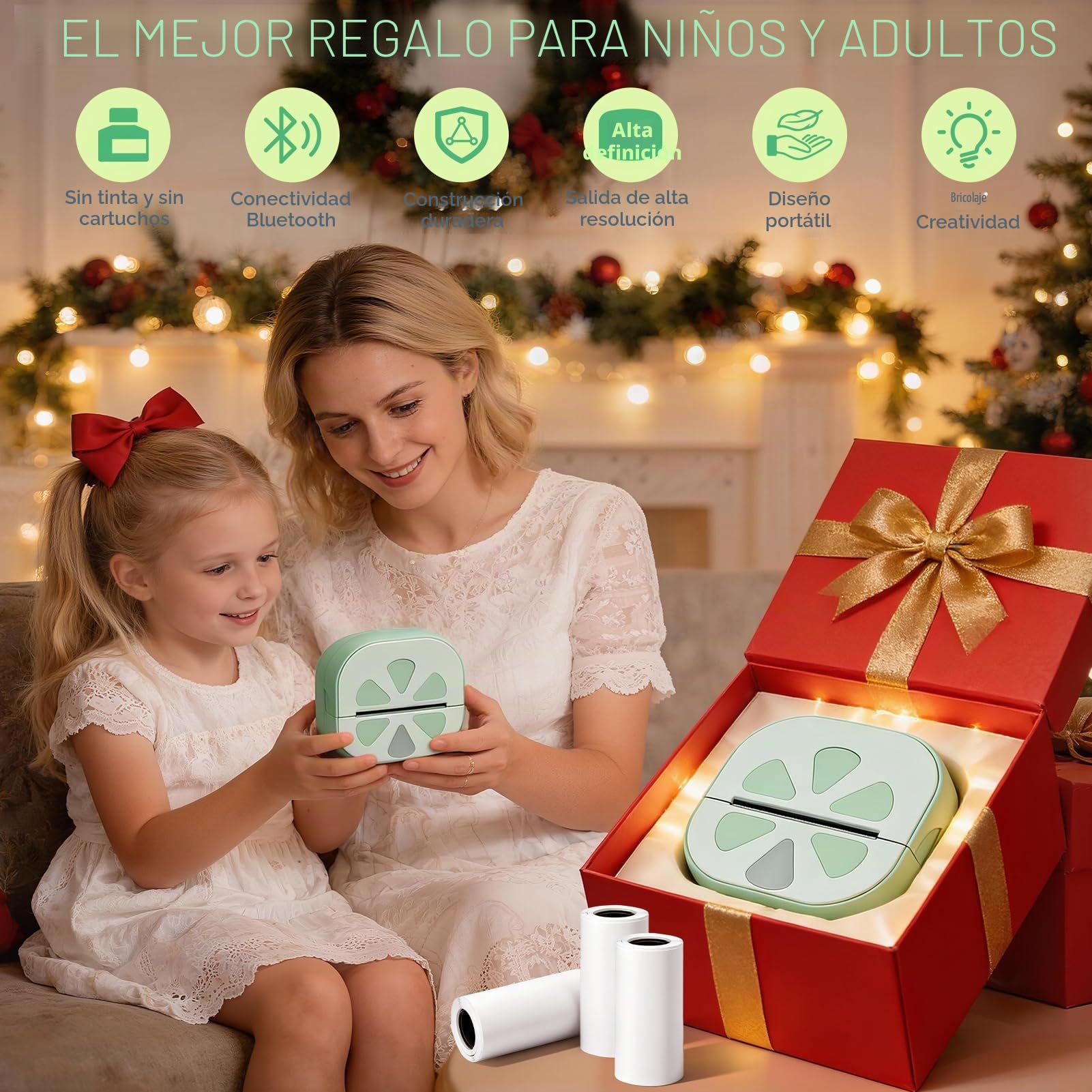 Mini Impresora Térmica,Impresora Fotos Portátil Bluetooth Inalámbrica Cable USB Compatible con iOS y Android Impresora Pegatinas con 3 Rollos de Pape para Fotos Notas Pegatinas Móvil Regalos