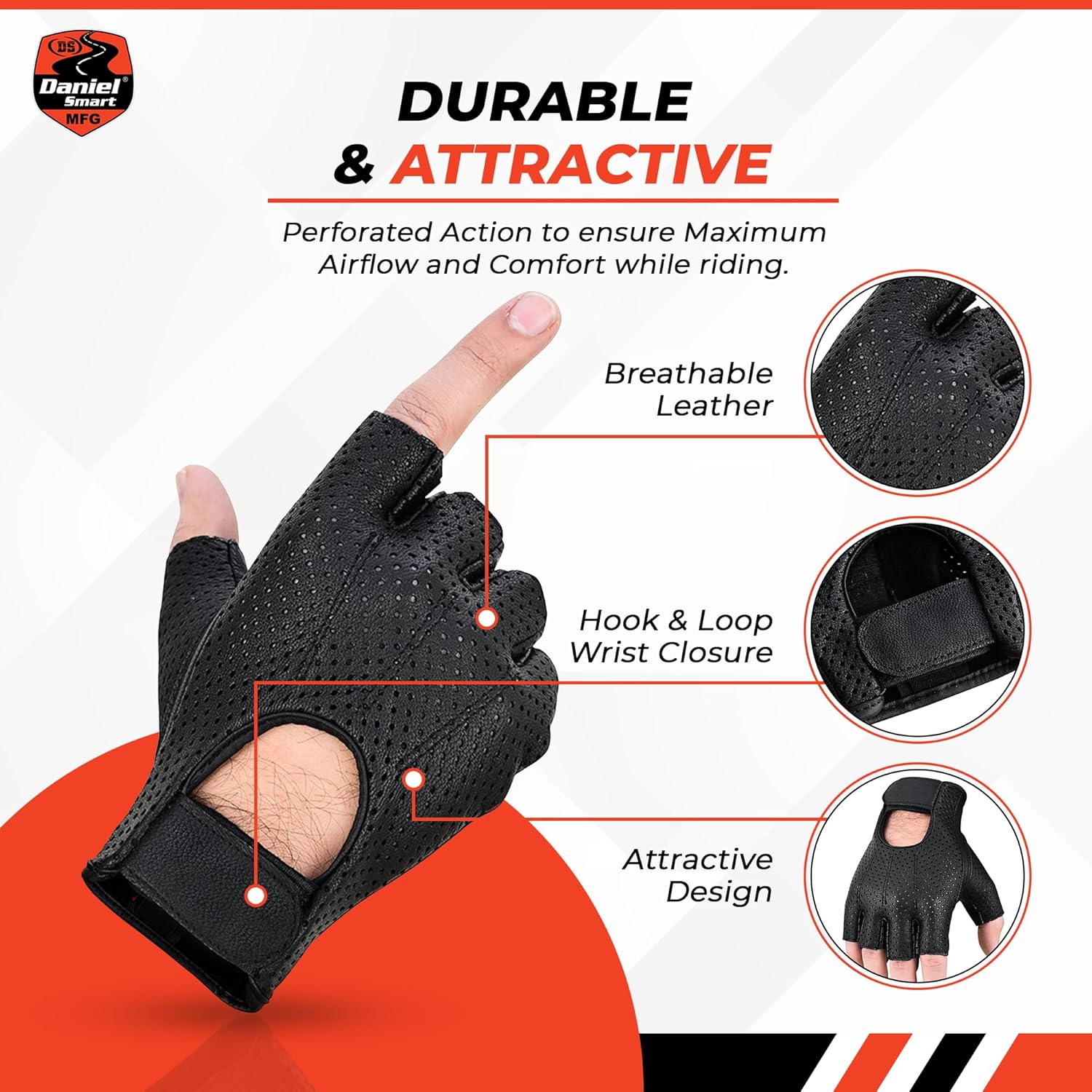 Daniel Smart Aniline Goat Leather Gloves – Fingerless Motorcycle Gloves with Perforated Action and Gel Palm