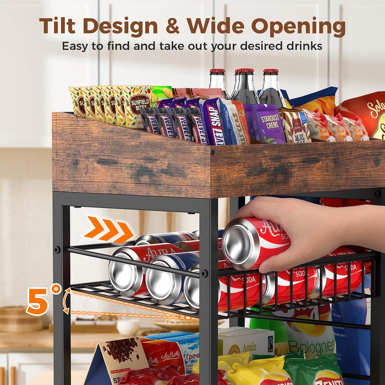 Snack Organizer for Countertop, Adjustable Compartment&Frame Basket | 3 Tier Snack Rack Display, Retail Display Shelf for Kitchen, Pantry, Counter, Office, Easy to Install, Brown