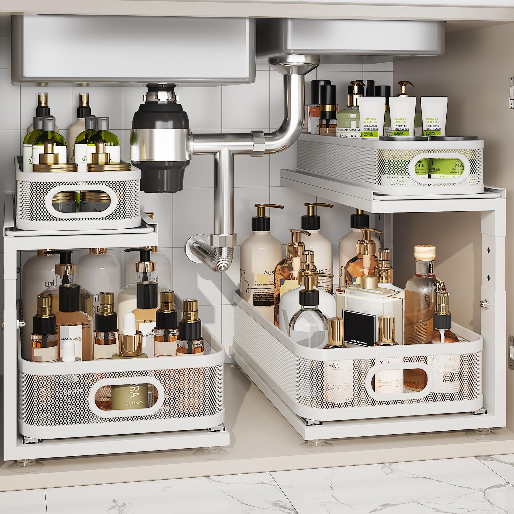 2 Pack 18.5IN-Depth Under Sink Organizer With Next-Gen Ball-Bearing Slides,2-Tier Precision Mesh Pull Out Cabinet Storage for Bathroom&amp;Kitchen,Height Adjustable Drawers Shelf,Anti-rust-White