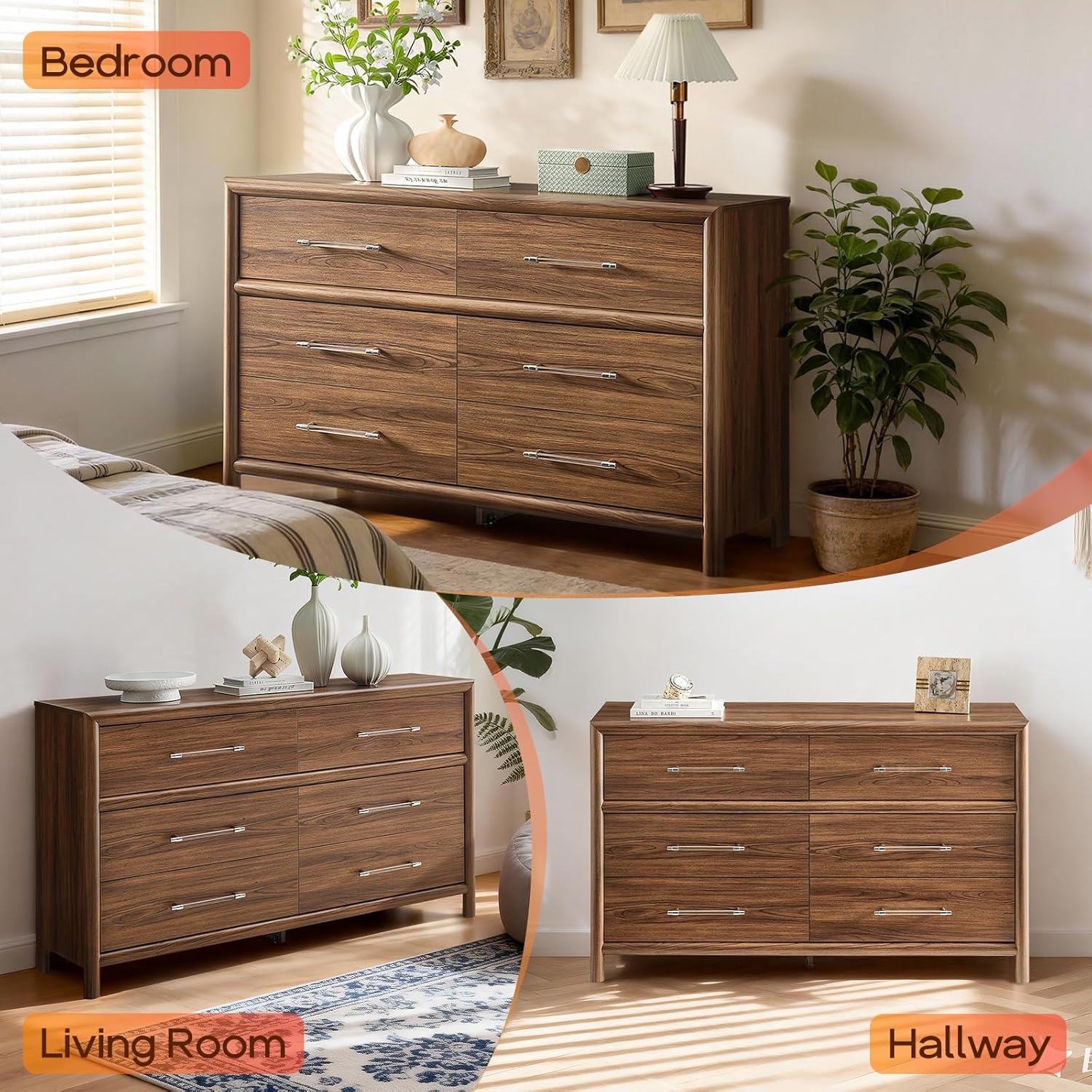 Dresser and Nightstand Set, 6 Drawers Dresser for Bedroom and 24.2" H Bedside Table Set of 2 with 2 Drawers, 56" Wide Closet Organizers & Night Stand Set for Living Room, Office, Dorm, Brown Cherry - Image 5
