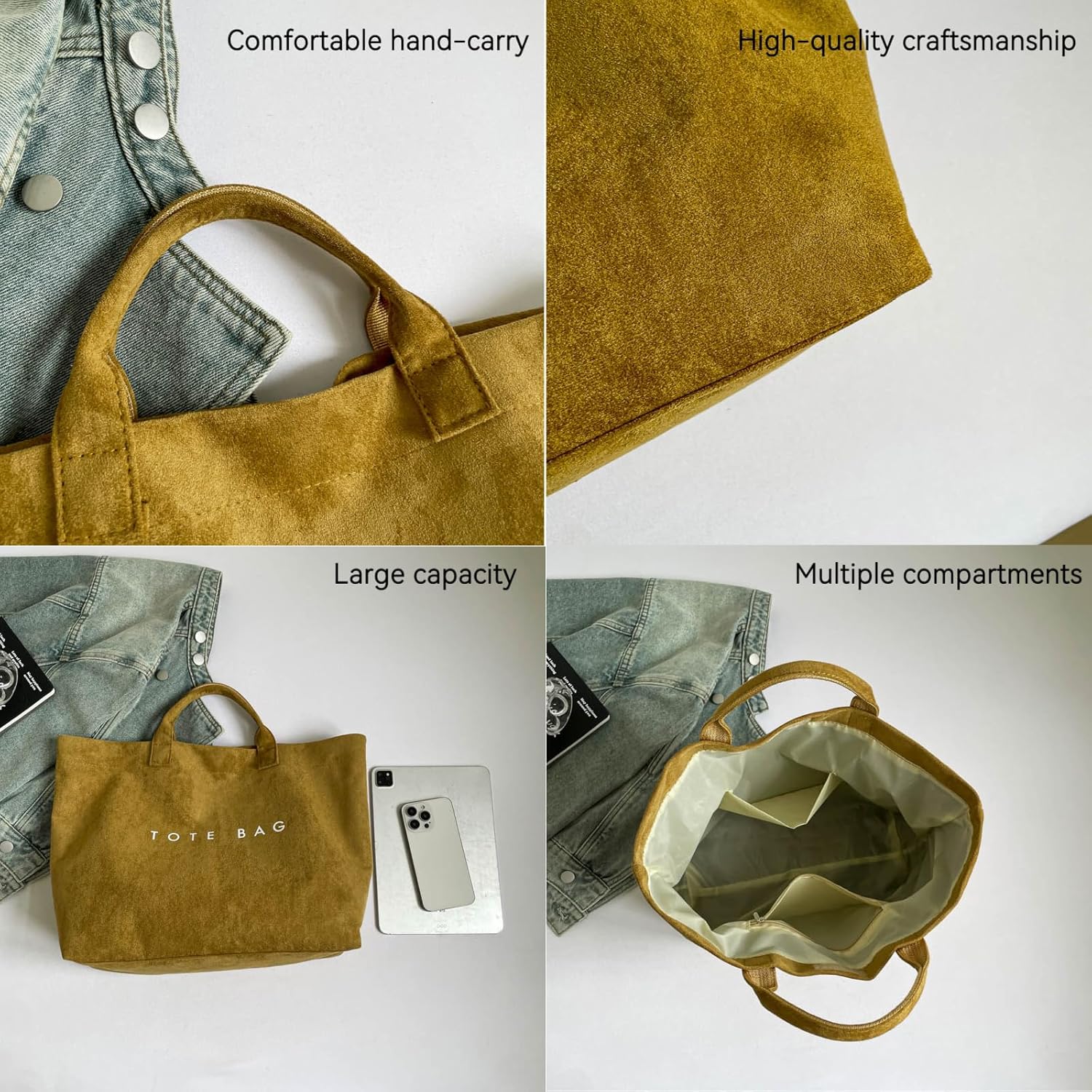 Suede Tote Bag for Women Large Tote Purse for Work Travel Letter Print Hobo Bag Han... - Image 5