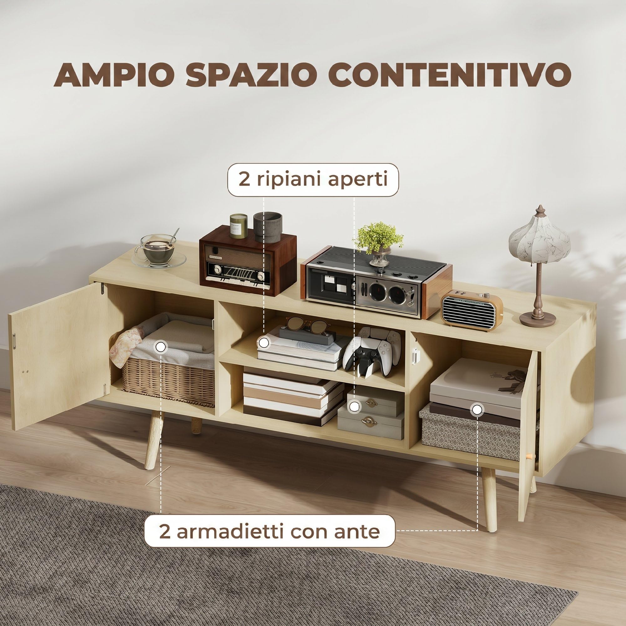 HOMCOM Mobile Porta TV Fino a 55" con 2 Armadietti con Ante Color Legno