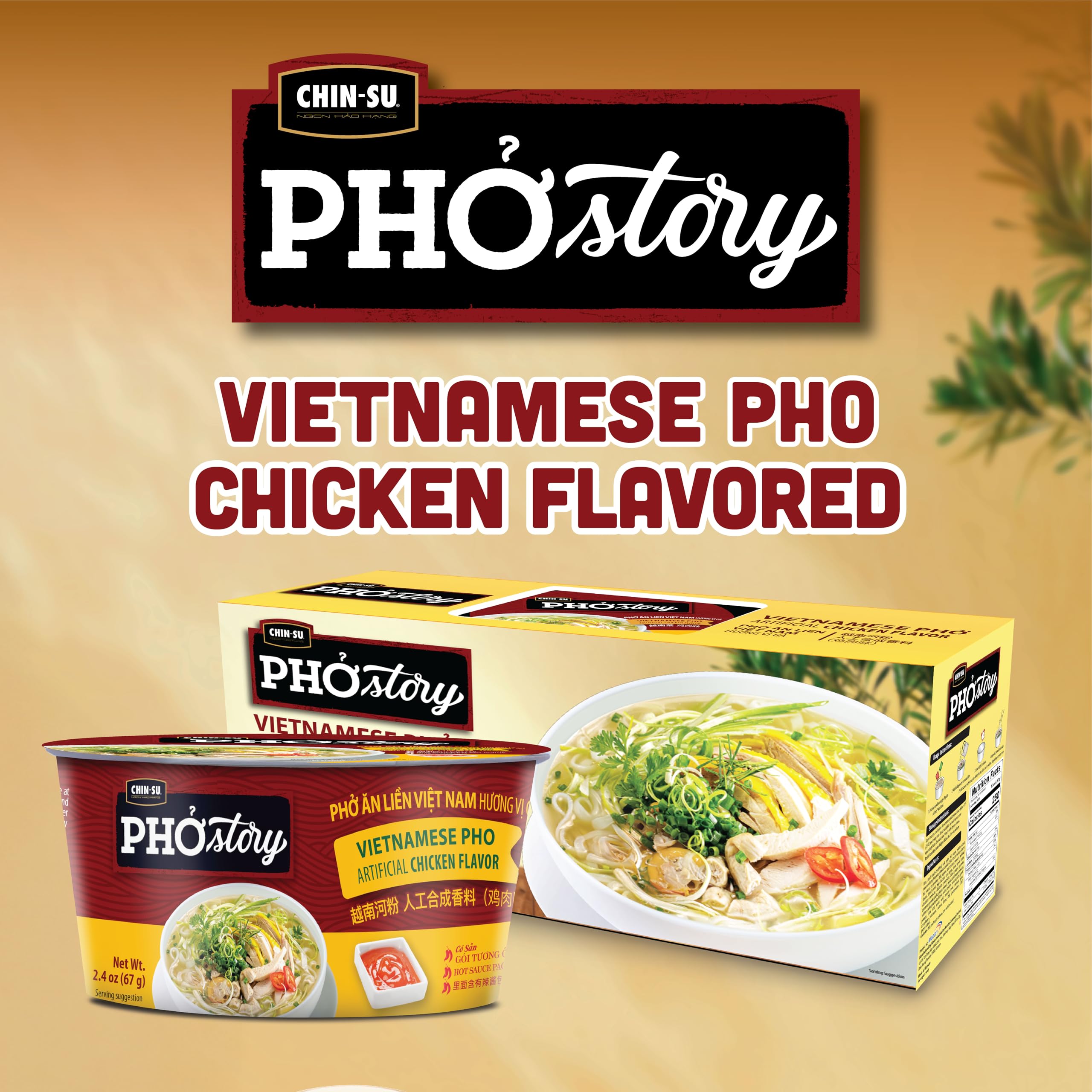 CHIN-SU Vietnamese Pho Noodle Bowl, Chicken Flavor, 2.4 oz, Instant Soup with Rice Noodles