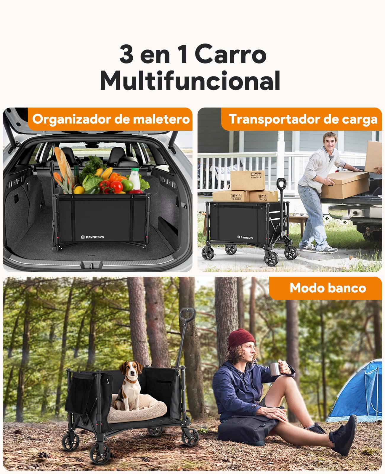 Vagón Plegable 3 en 1 Convertible en Banco, 120L Carro Plegable con Ruedas, 220LBS Carrito de Compra para Comestibles Carro Transporte para Playa, Camping, Jardín, Carretillas, Deporte, Negro Oscuro