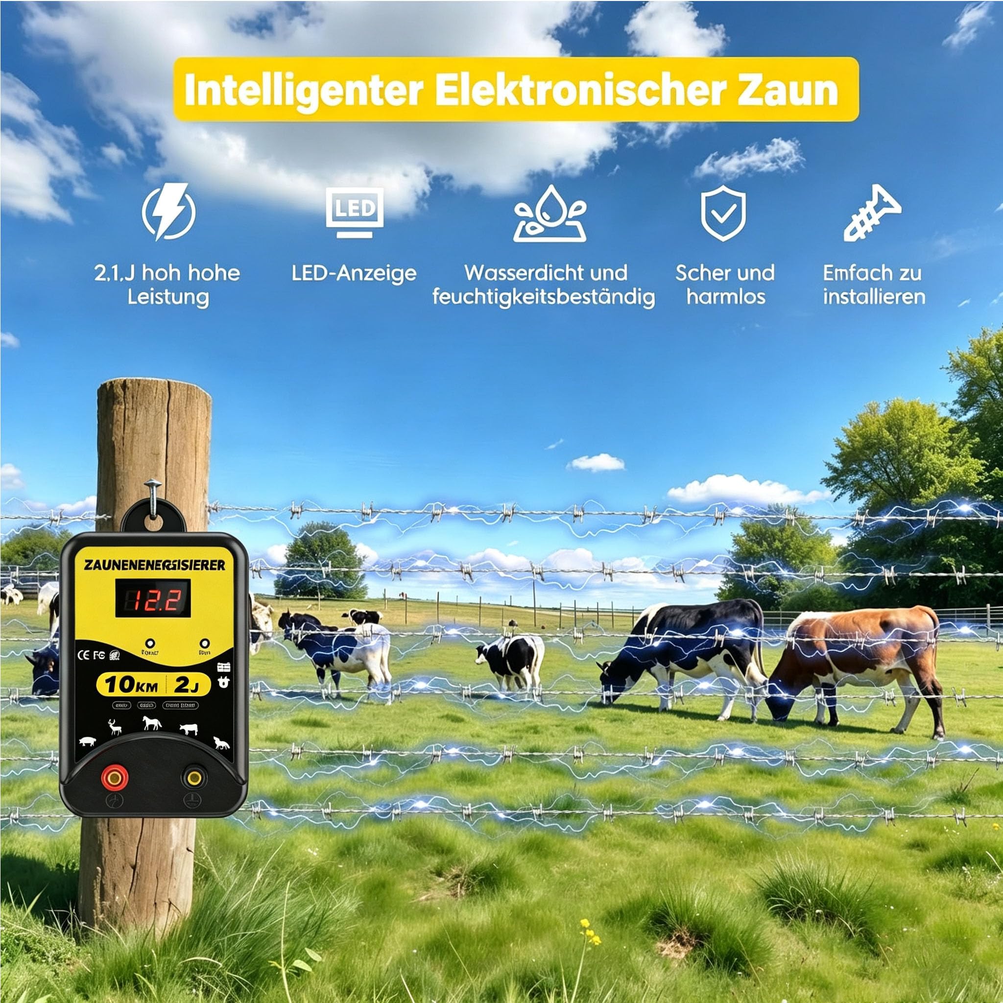 Valla eléctrica de 12 V, 2 J, resistente al agua, con indicador LED, para animales como vacas, caballos, cerdos, cabras