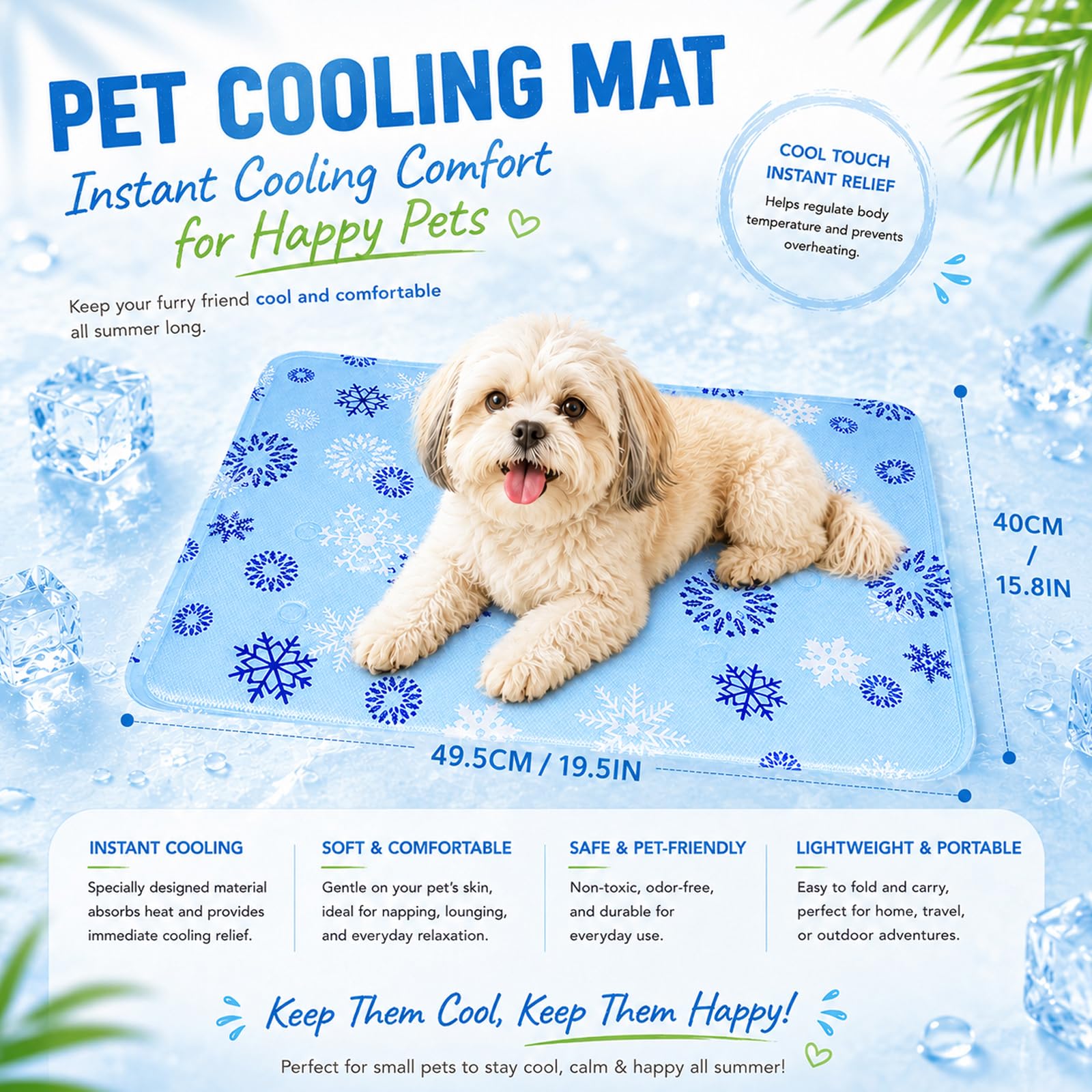 Alfombra Refrescante Perros y Gatos 50x40 cm, Alfombrilla Refrigerante con Gel no Tóxico, Cama Refrescante Perro Impermeable para Mascotas Pequeñas (Copos de Nieve Azules)