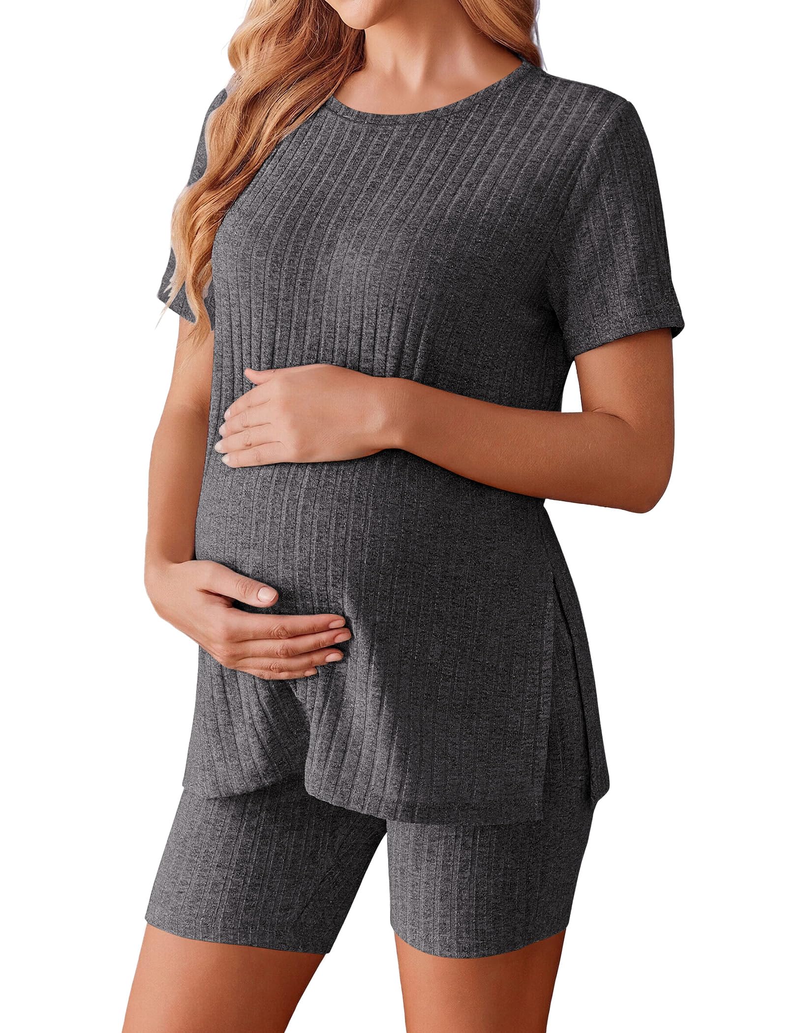 Ekouaer Women's Maternity 2 Piece Sets Short Sleeve Shirts and Biker Shorts