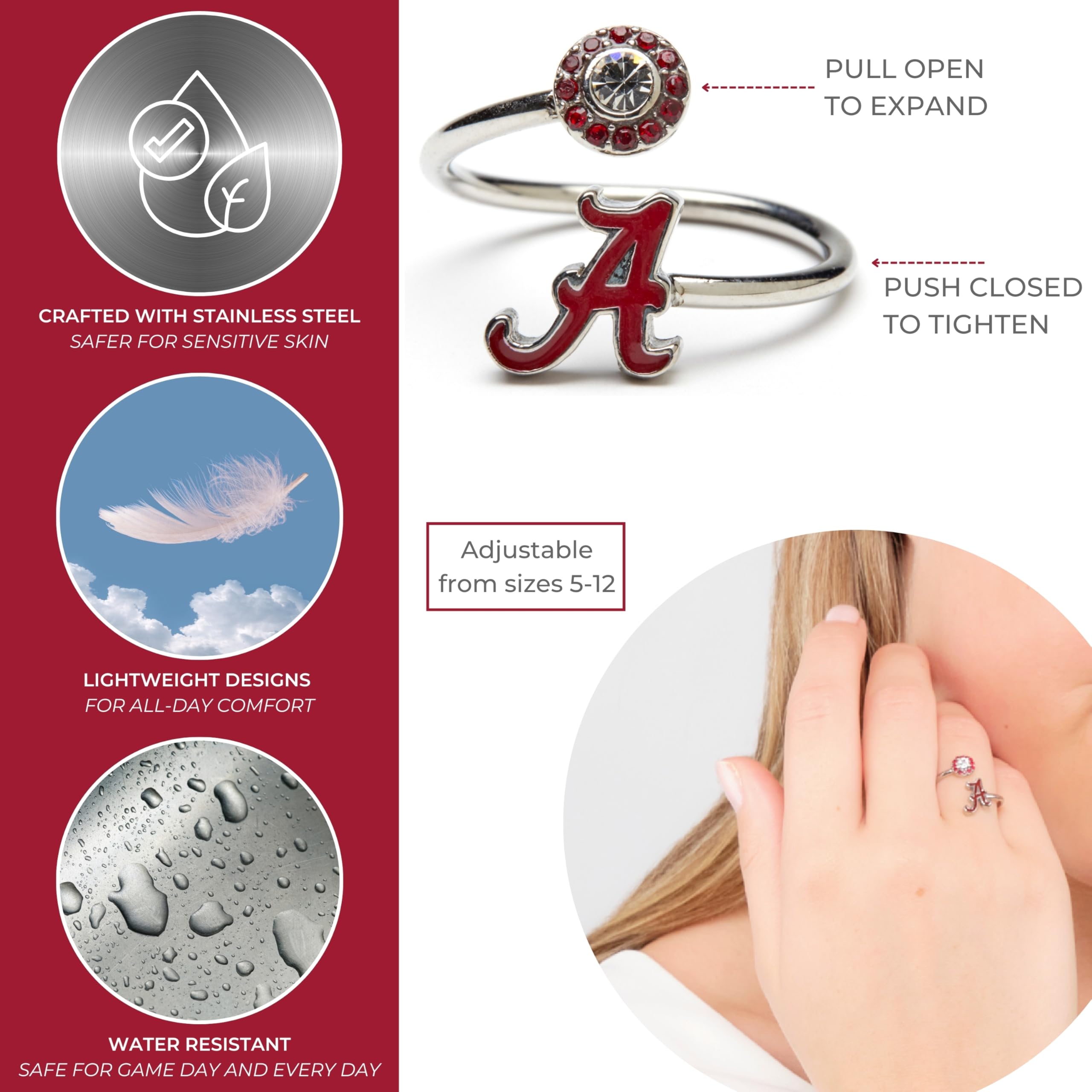 Stone Armory University of Alabama Crimson Tide Gifts - Script A Alabama Crimson Tide Rings with Crystals - Hypoallergenic and Adjustable Sizes 5-12 - Alabama Jewelry for Women