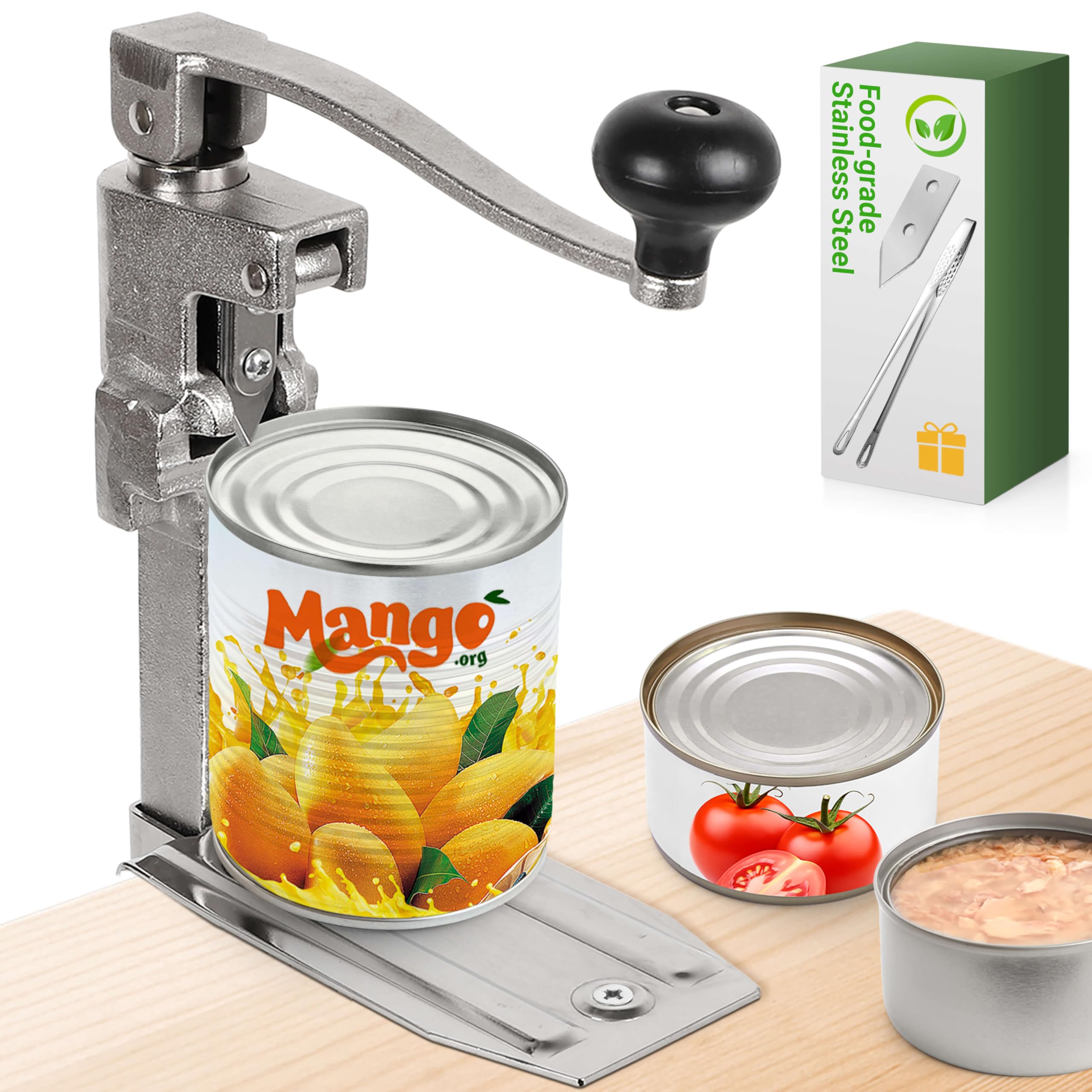 Abrelatas comercial resistente – Abrelatas manual de mesa abre latas de hasta 11 pulgadas de alto, abrelatas industrial con base de acero chapado para restaurante, tienda de alimentos, hotel, bar