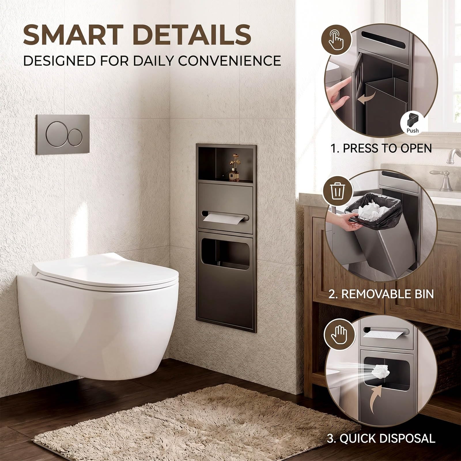 Unterputz WC Papierhalter Edelstahl Wandnische mit Aufbewahrung | Platzsparend Wasserdichter Verdeckter Einbau Mülleimer für Badezimmer Renovierung und kleine(Weiß,63x20x13.5cm)
