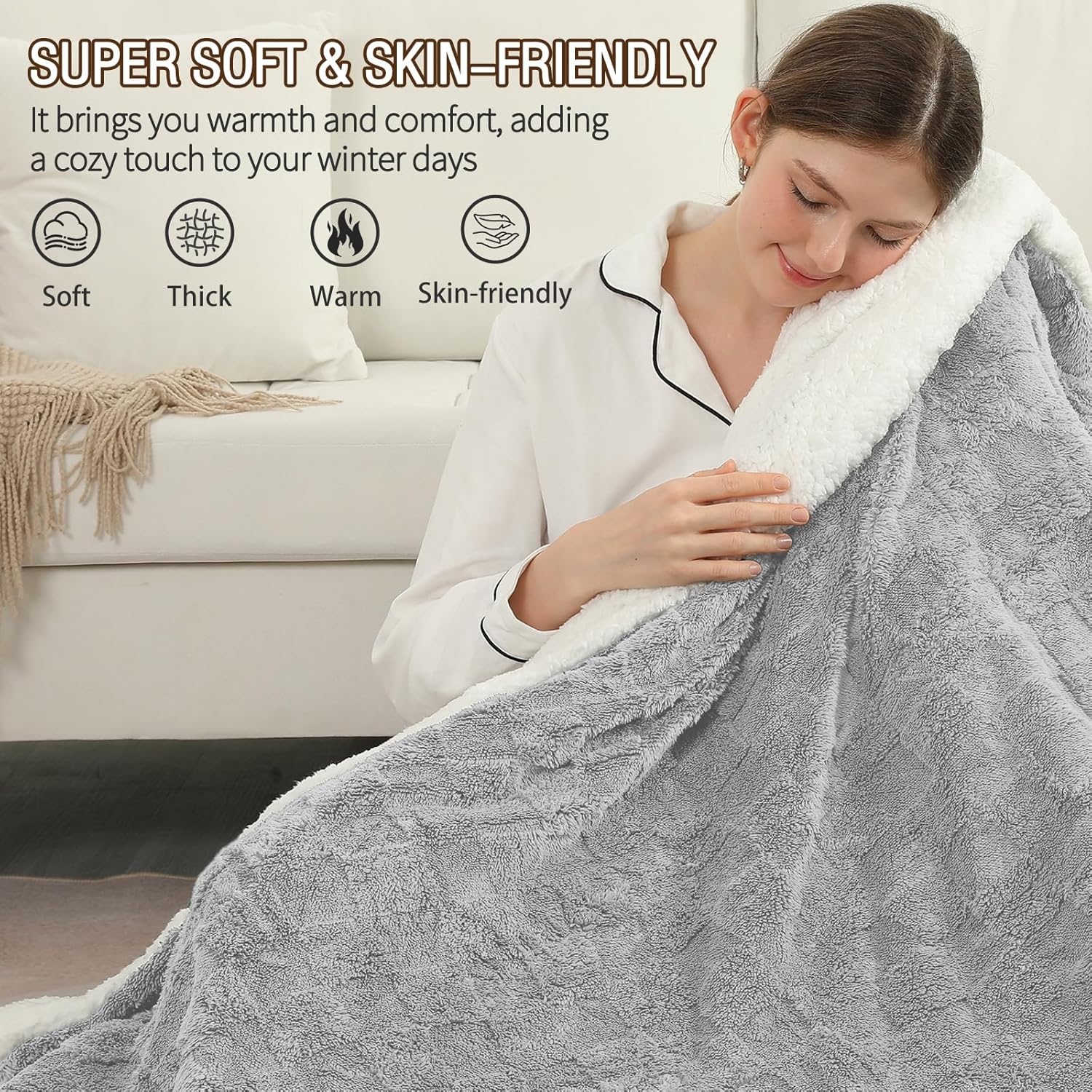 Electric Heating Blanket Throw size 50x60,Electric Blanket Checkered Weave-Wool Blend Heated Blanket,Rapid Heating 6 Temperature Settings 4-Hour Auto Shut-Off ETL Certified,Machine Washable,Light Gray - Image 6