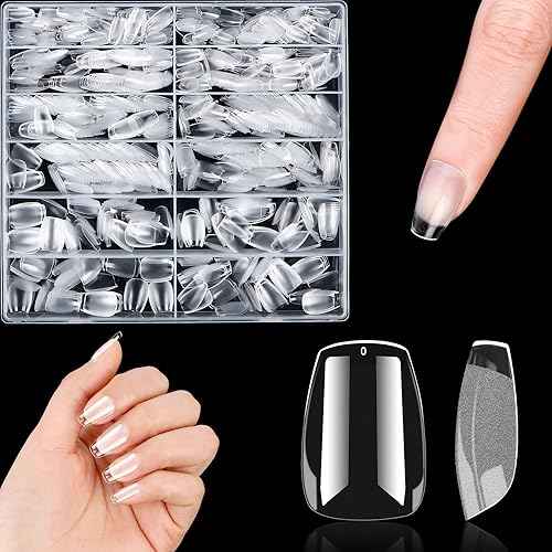 Miniatura 8 de FEBSNOW 600 puntas de uñas de gel postizas largas tipo ataúd de cobertura completa, uñas postizas de acrílico corto transparente a presión para