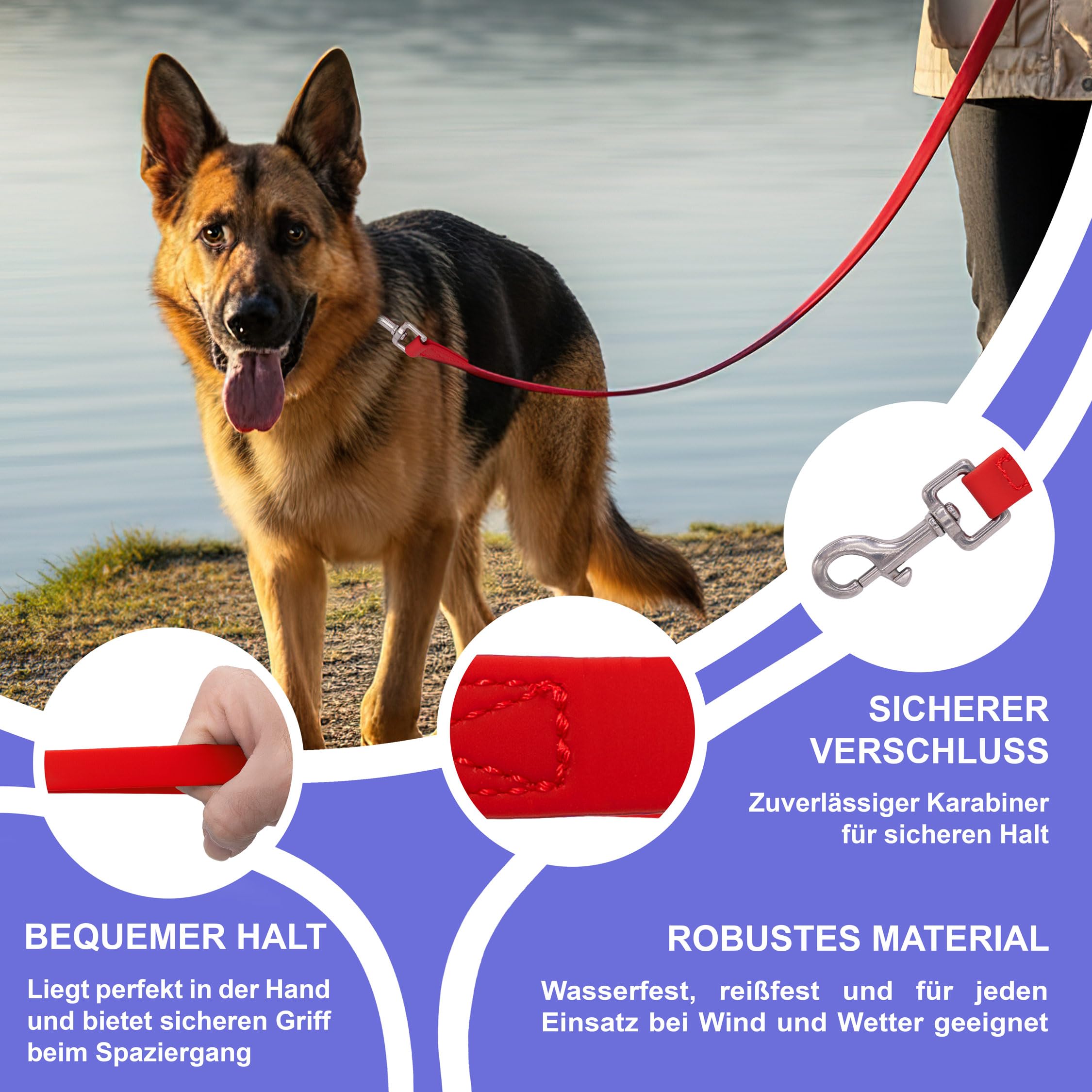 Reichstadt Pets Guinzaglio robusto in PVC per cani – impermeabile, superficie antiscivolo | Moschettone in acciaio inox a 360°, facile da pulire e resistente alle intemperie Red 15m