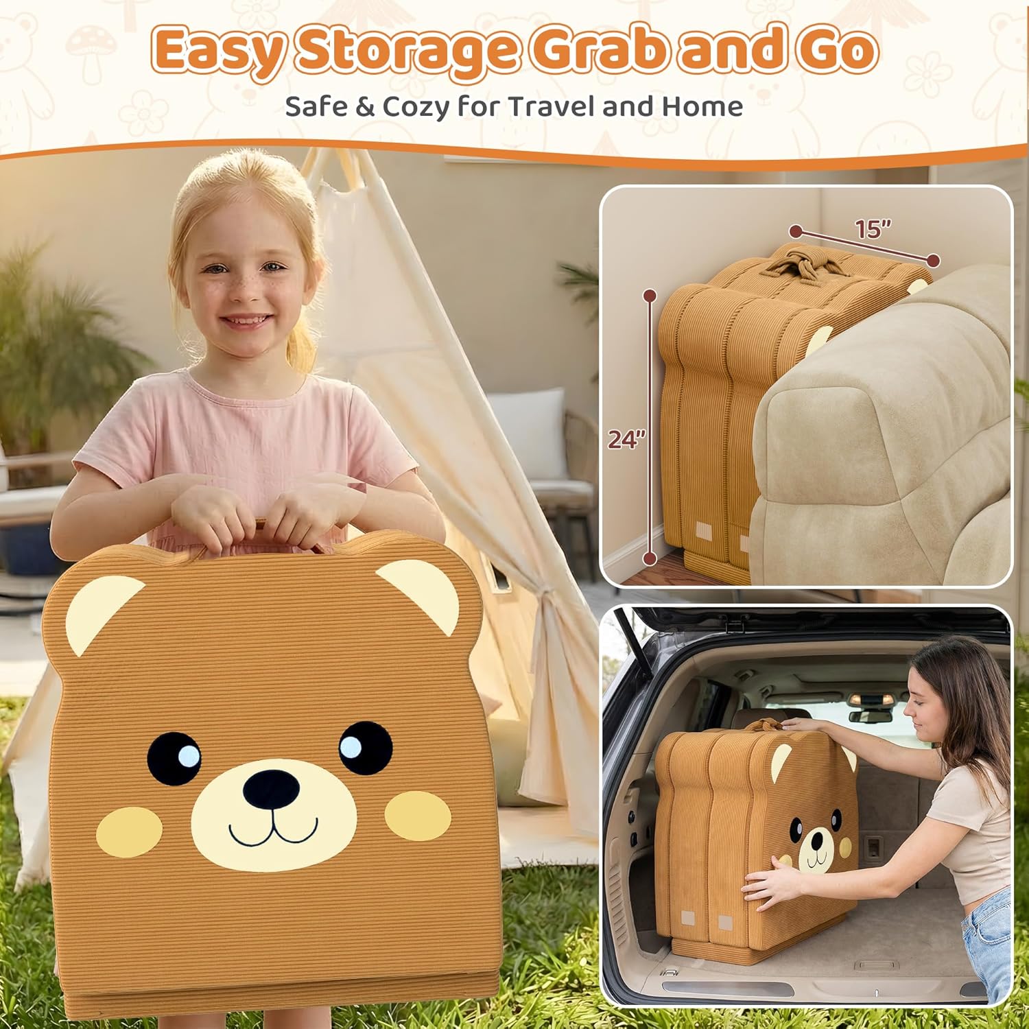 Toddler Travel Bed, Portable Foldable Soft Foam Floor Bed for Toddlers 1–6, Toddler Cots with Washable Cover and Safety Rails, No Assembly, 2-in-1 Kids Travel Floor Crib for Home,Travel & Camping