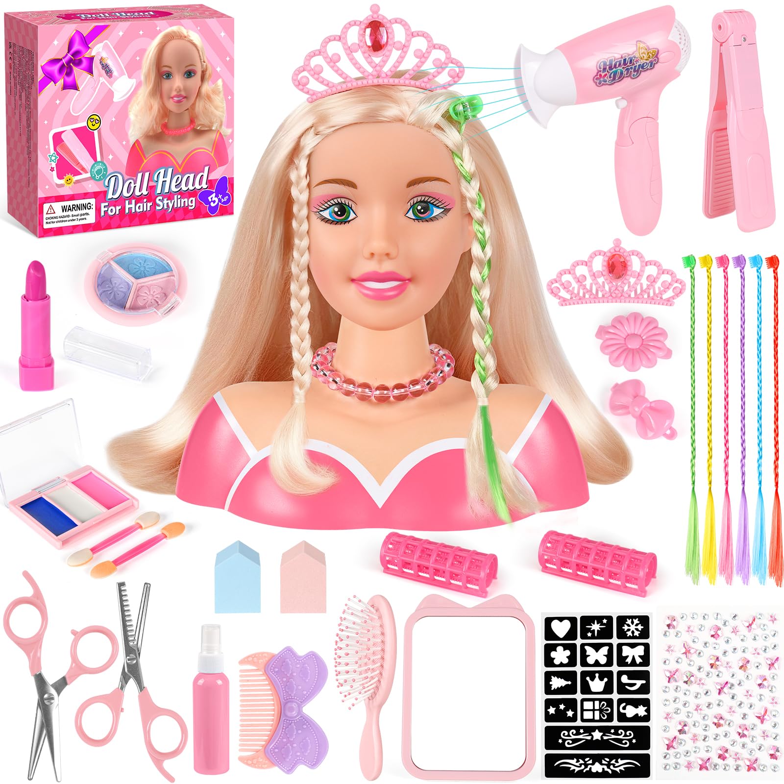 44Pcs Hair Styling Doll Head Toys for Girls, Kids Makeup Hair Salon Pretend Play Styling Kit with Hairdryer, Straightener, Beauty Hair Toy Christmas Birthday Gift for Toddler Girls 3 4 5 6+
