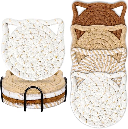 Whaline Juego de posavasos con forma de oreja de gato, posavasos de algodón trenzados hechos a mano, antideslizantes, absorbentes, con soporte para