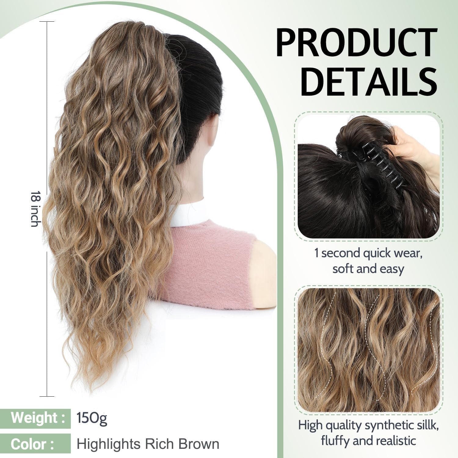 FINE PLUS Ponytail Extension Claw Clip - Curly Wave Synthetic Ponytail Hairpiece - 18inch - Rich Brown, Highlights Rich Brown, 18 Inch - Image 3