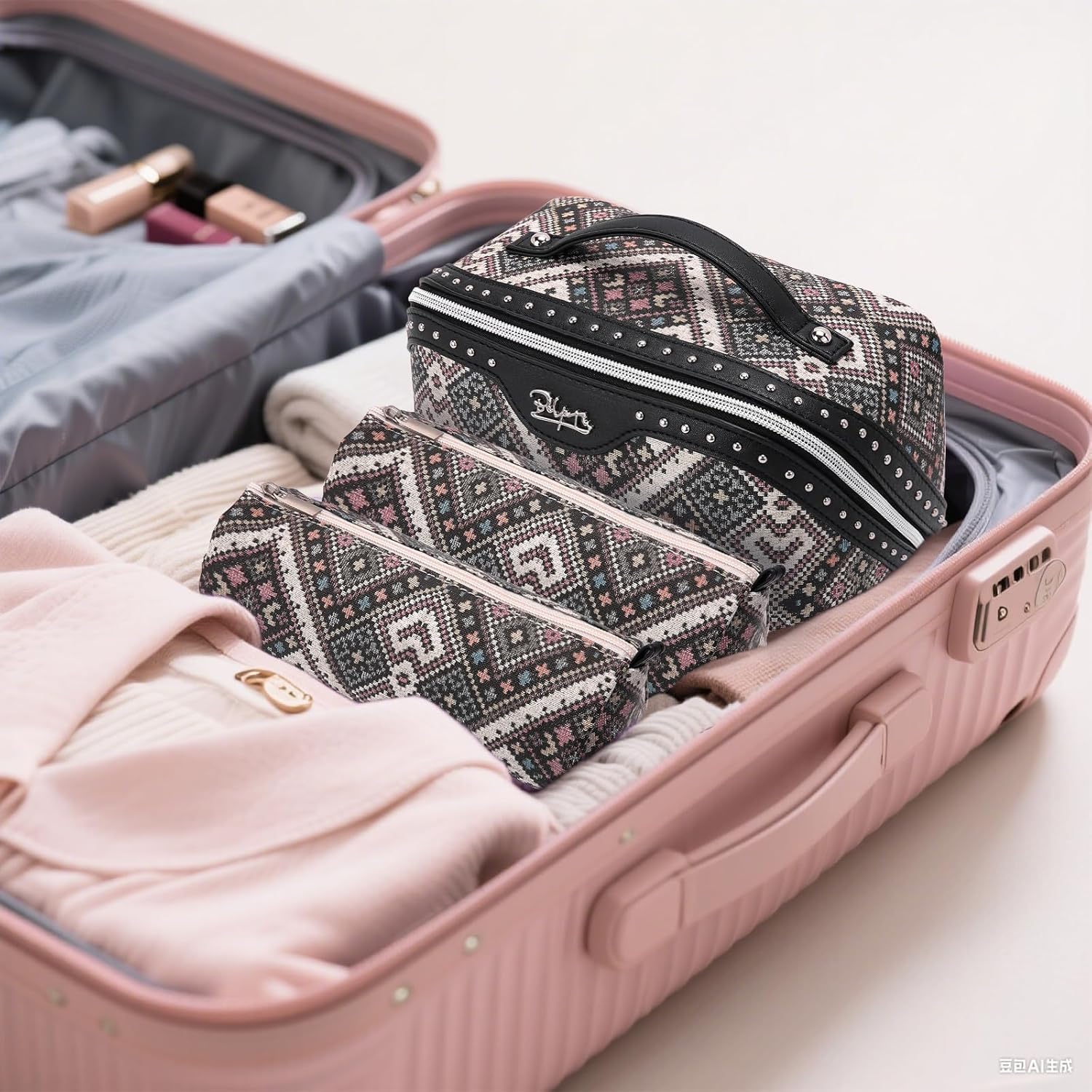 BOYATU Travel Makeup Bags for Women: Western Studded Boho Large Capacity Cosmetic Organizer - Wild, free, Punk Style - 3Pc Waterproof Toiletry Set with Blush Compartment - No Chaos & Easy Clean Black