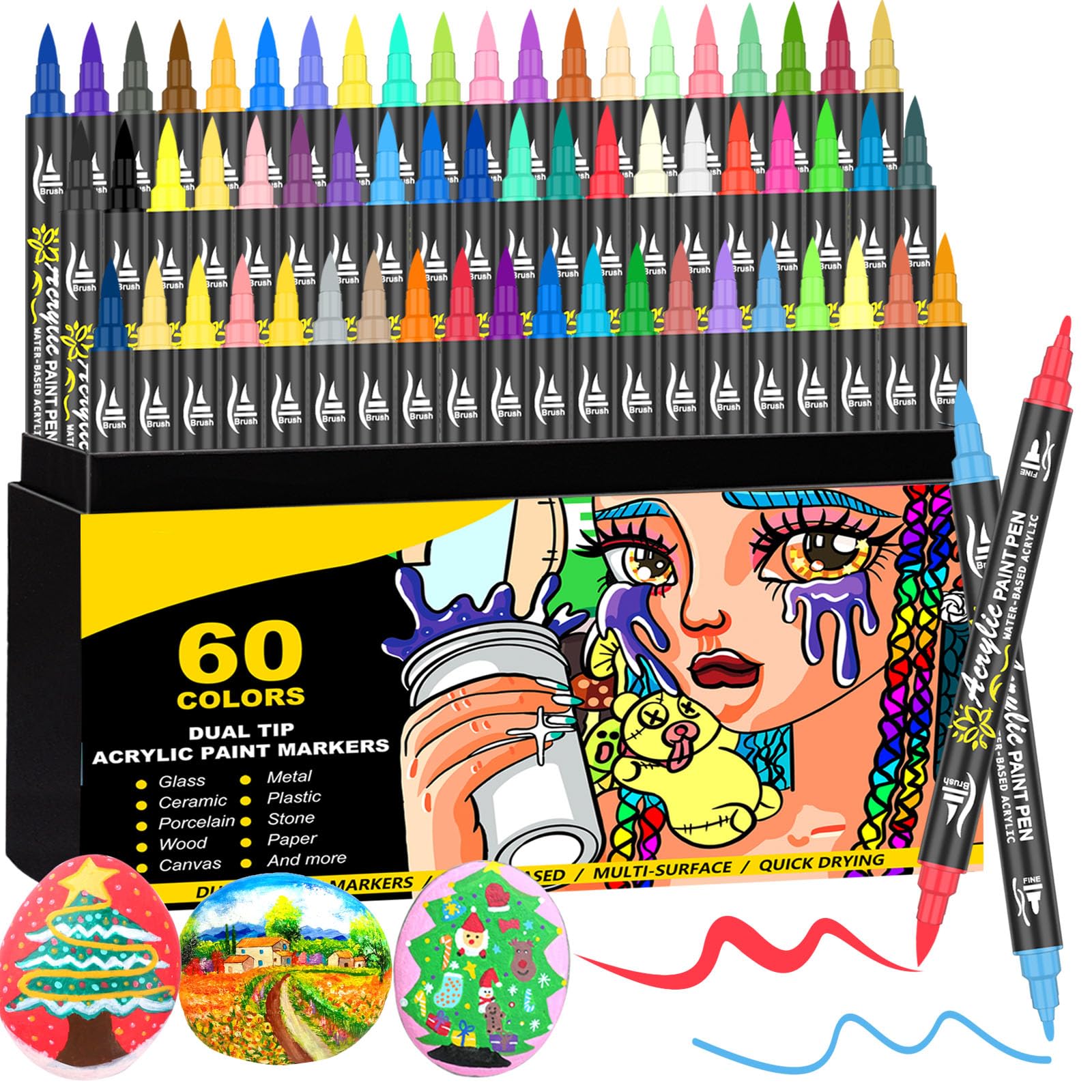 60 Colors Acrylic Paint Pens, Dual Tip (Brush & Fine) Acrylic Paint Markers for Rock Painting, Fabric, Canvas, Glass, Paper, Wood, Ceramic, Egg, Leather and DIY Crafts