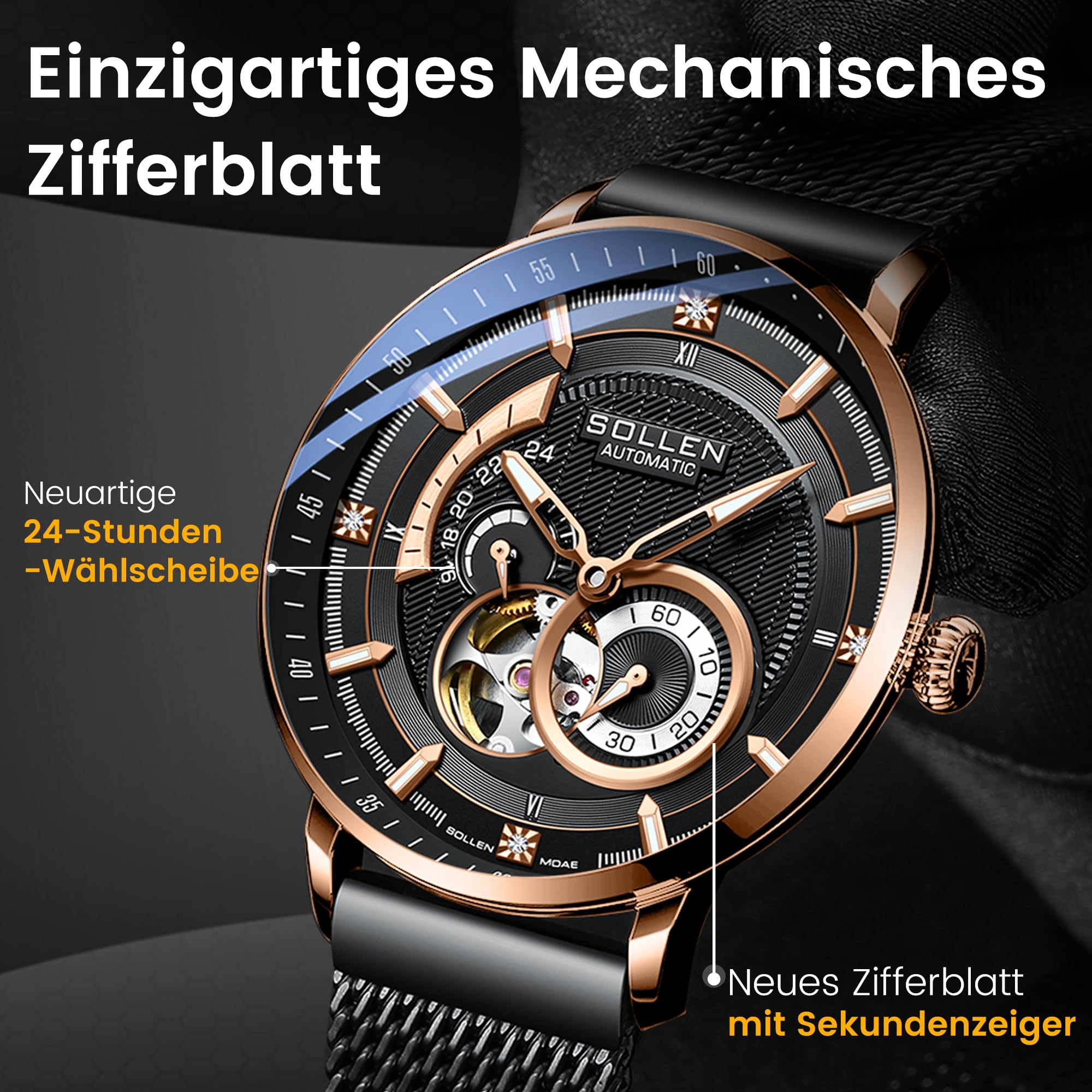 SOLLEN Skelett Automatik Uhr Herren,Automatische Herrenuhren mit Sekundenzeiger & 24-Stunden-Rufnummer,Minimalistische Herrenuhr Luxus,Originales Mechanisches Uhrwerk,Klassische Uhrengeschenk für Mann