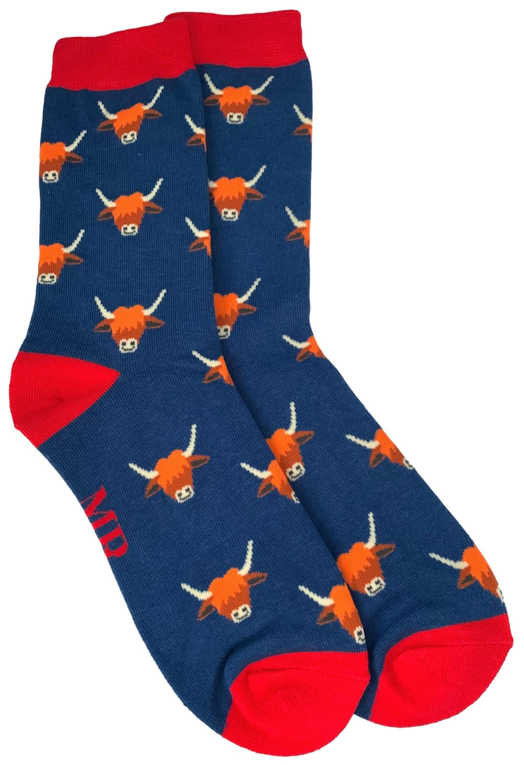 Purple Possum® Highland Cow Socks Mens Bamboo Blend Cattle Cows Gents Novelty Fun Socks (Navy Blue) Size 7-11