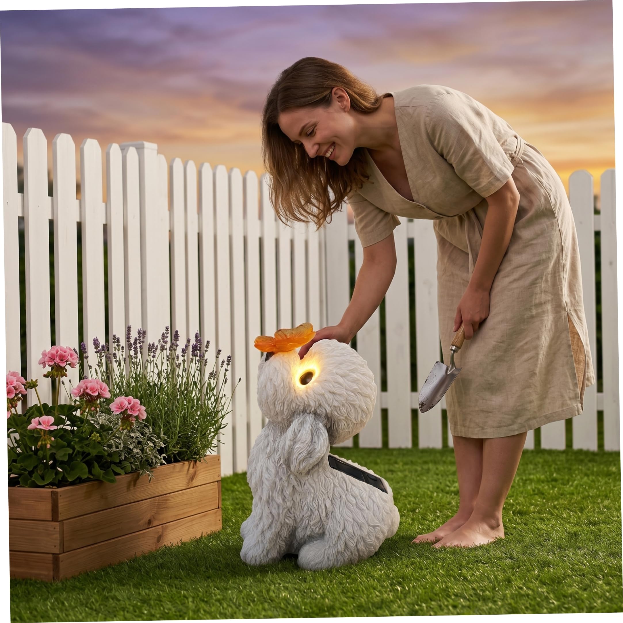 Estatuas de Perros al Aire Libre, Estatua de jardín Solar, estatuilla de Perro de Peluche Blanco con luz LED de Mariposa - Decoración de Patio y Patio al Aire Libre.