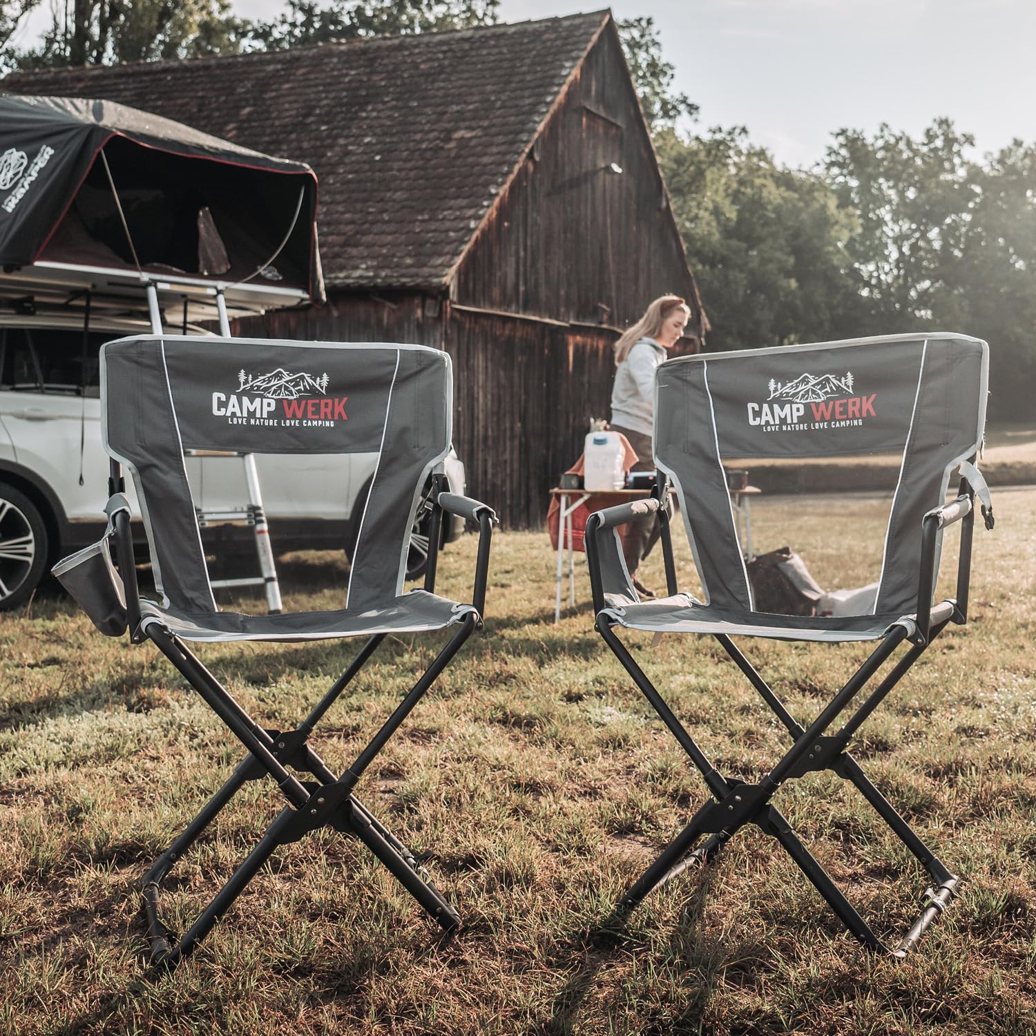 CAMPWERK Campingstuhl, Leicht & Kompakt, mit Rückenlehne, integrierten Armlehnen und Getränkehalter, Kompakt, Schmutz- und Wasserabweisend, Faltbar, für alle Outdoor Aktivitäten, Grau