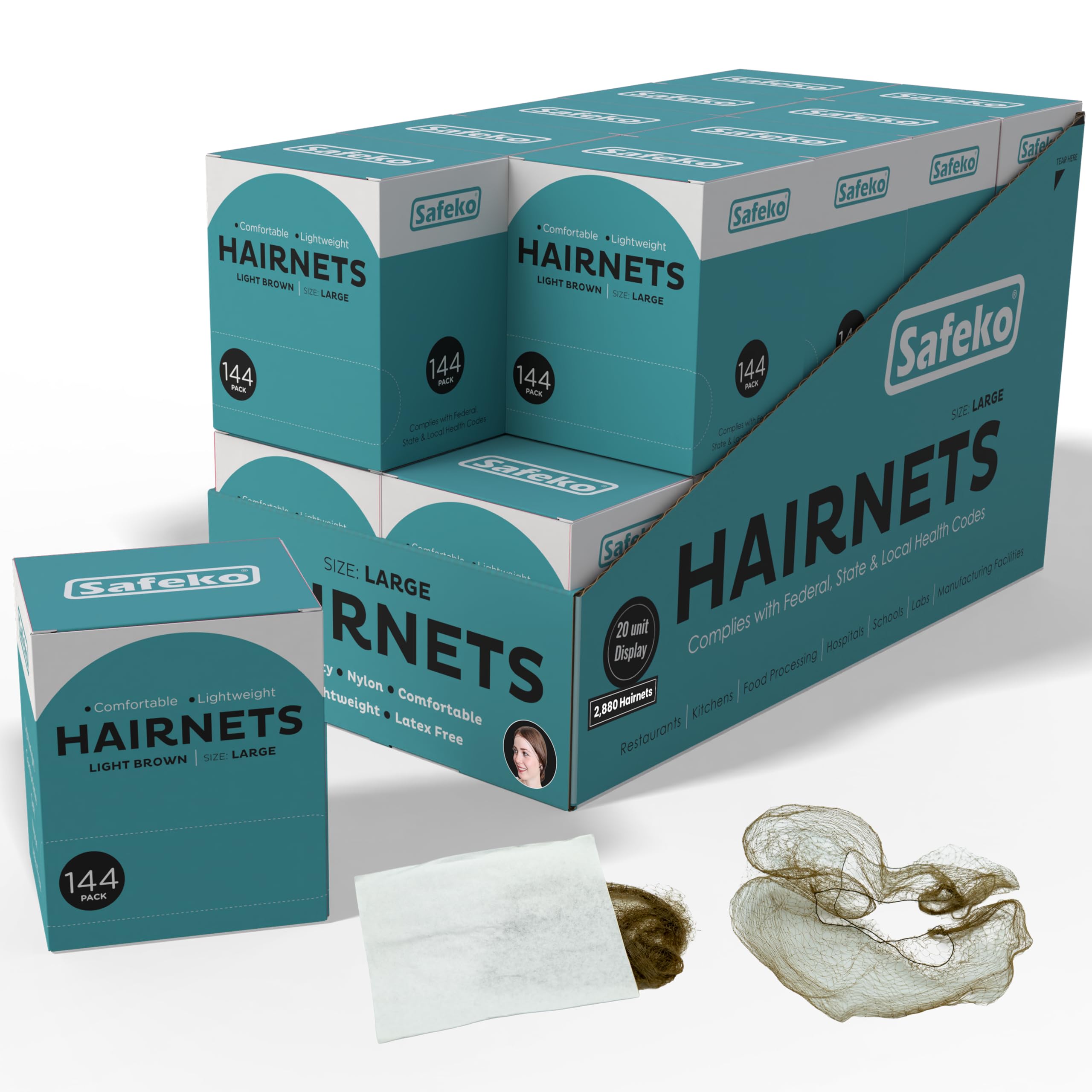 SAFEKO Hair Nets 144 PCS, Individually Wrapped, Lightweight Nylon Hairnets, Latex-Free | Light Brown, Large (24")
