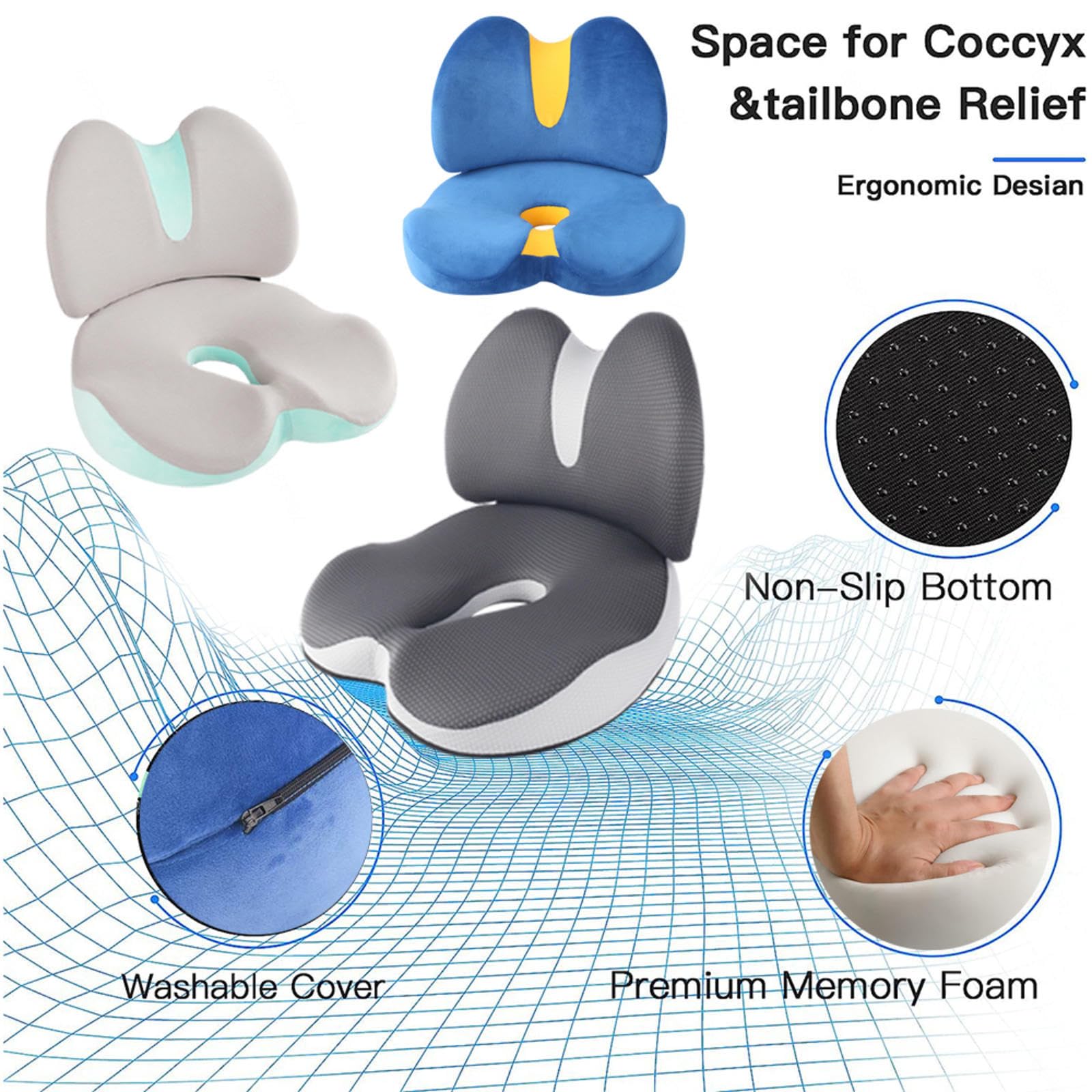 Cuscino per Coccige Ortopedico, (Cuscino da Seduta+Cuscino Lombare) Supporto per Fianchi E Vita,Staccabile, Traspirante,Antistress, Cuscini Sedia Gaming, per Dolore al Coccige, Sciatica,Grey