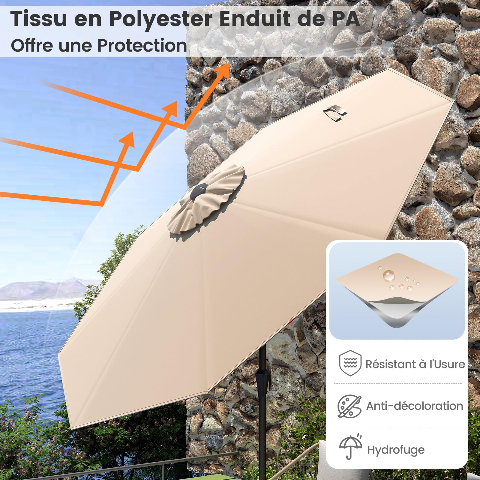 COSTWAY Parasol de Jardin Exterieur 270 cm, Parasol Balcon Solaire, 35 ° Inclinaison, Manivelle, Tissu Polyester, Toit Ventilé, Goupille de Sécurité, 8 Baleines, pour Terrasse Piscine Plage (Brun)
