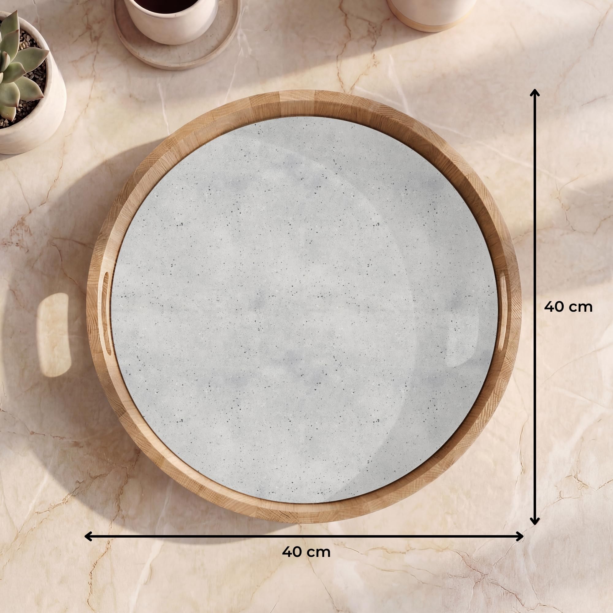 Tablett Rund 40x40 cm Serviertablett rutschfest Griff Küchentablett Servierplatte Eiche Holztablett Hitzebeständig Kaffeetablett Grau - Konkret - Neutral