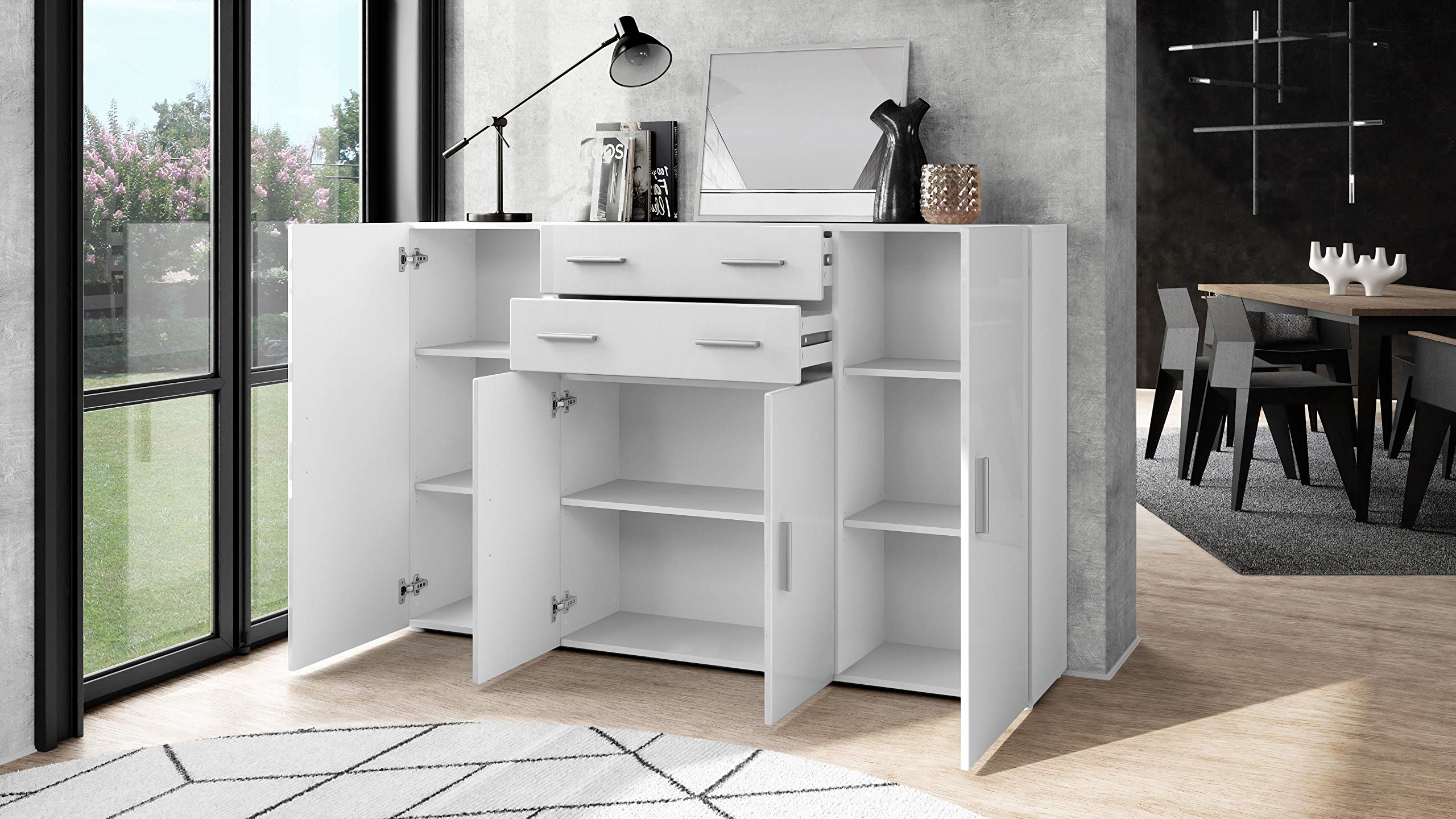 Vladon Highboard Aron Anrichte mit 2 Schubladen und 4 Türen mit insgesamt 8 Fächer dahinter, Weiß matt/Weiß Hochglanz (166,5 x 106,5 x 35 cm)