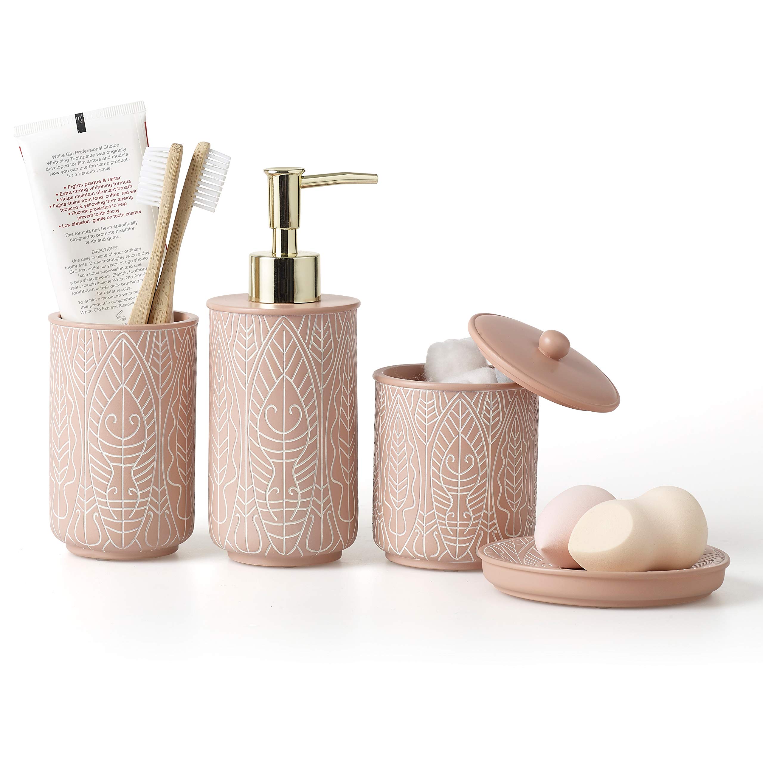 Premium Coral Pink Bathroom Accessories Set. Pink Bathroom Decor. Accesorios para Baños. New Apartment Essentials. Pink Toothbrush Holder and Soap Dispenser.