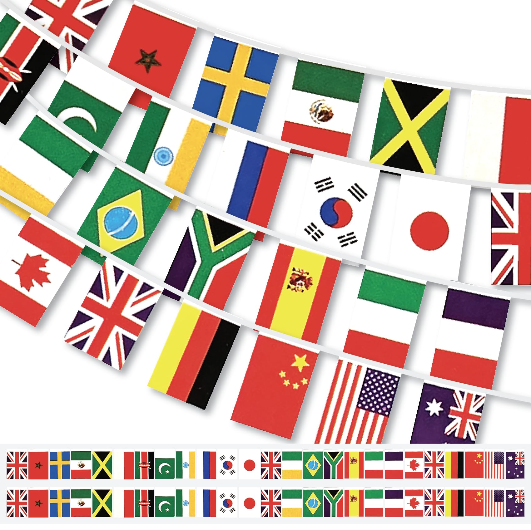 World Flag Bunting 2 PACKS - 14m / 50 Large World Country Flags - Pre-strung - World Cup Party Global Celebration - Reusable Waterproof Plastic Banners - Football Outdoor Indoor Decor