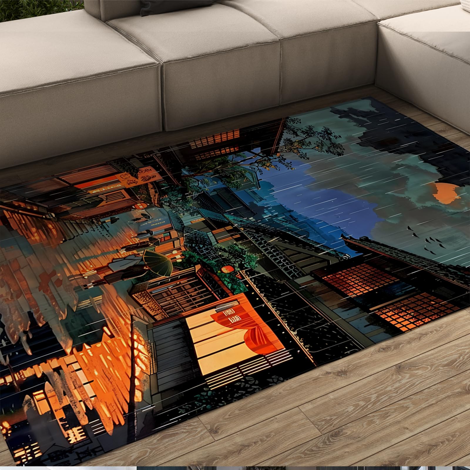 Ukiyo-E Style Area Rugs Washable Carpet Japanese Scenery in The Rain Pattern Rug for Living Room Bedroom Dining Room Anti Slip 2' x 3'