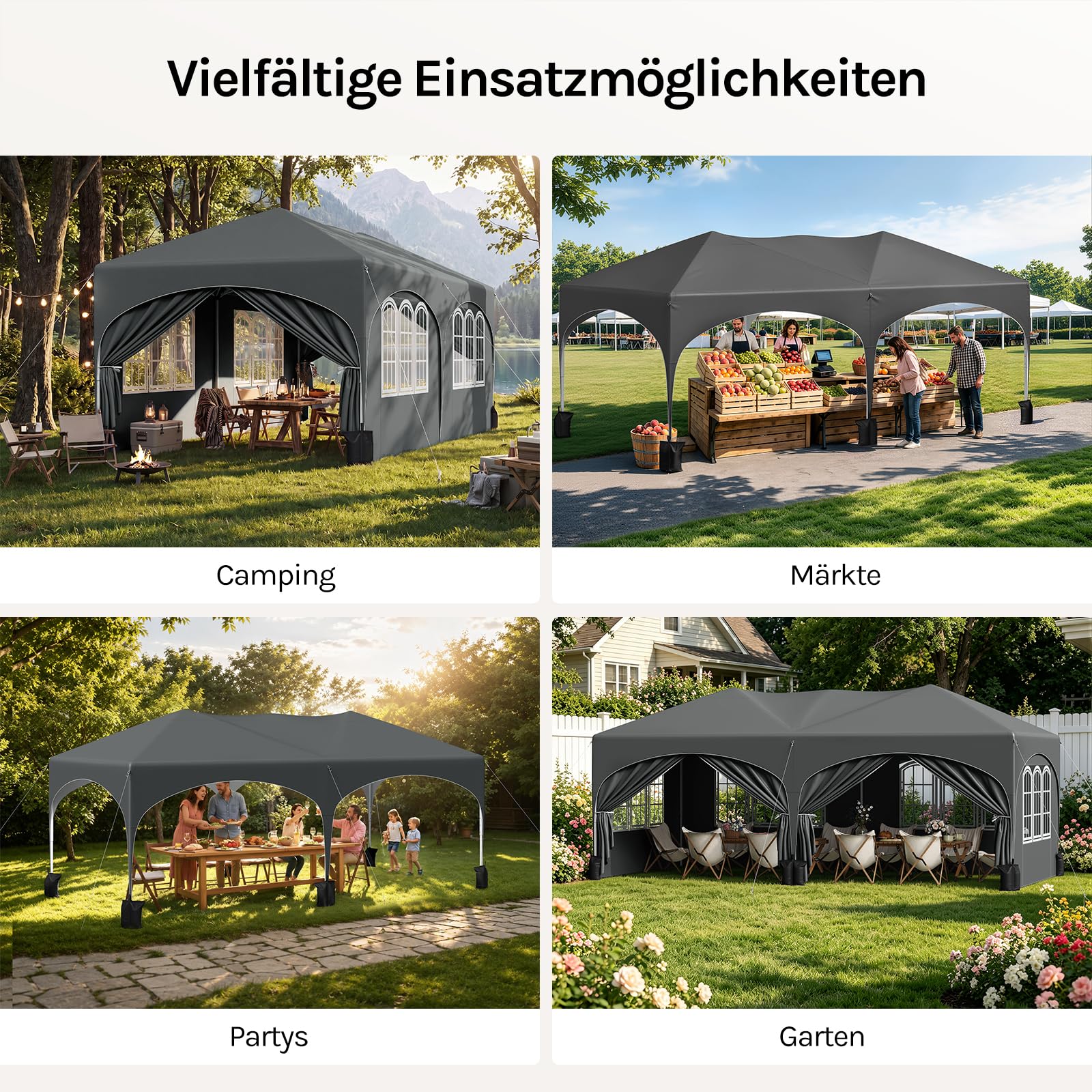 WOLTU Pavillon mit 6 Seitenteilen 4 Sandsäcke, Faltpavillon 3x6m mit Halbmonddach Tragetasche, Gartenpavillon wasserfest stabil UV-Schutz, Partyzelt Outdoor höhenverstellbar, Grau