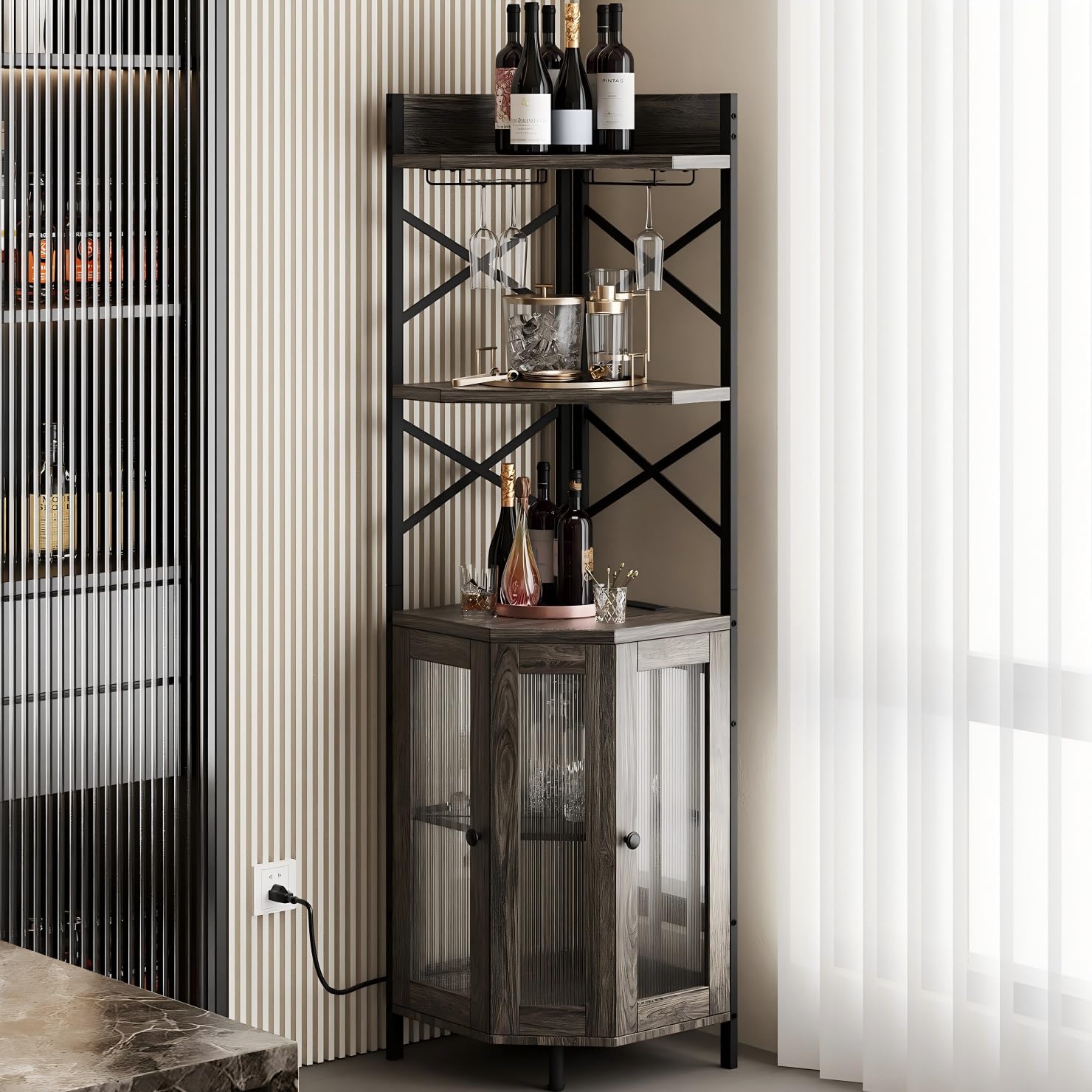 Corner Bar Cabinet with Power Outlet, 5-Tier Corner Wine Cabinet with Led Strip and Glass Holder, Industrial Tall Liquor Cabinet Bar Wine Rack for Home, Grey Oak