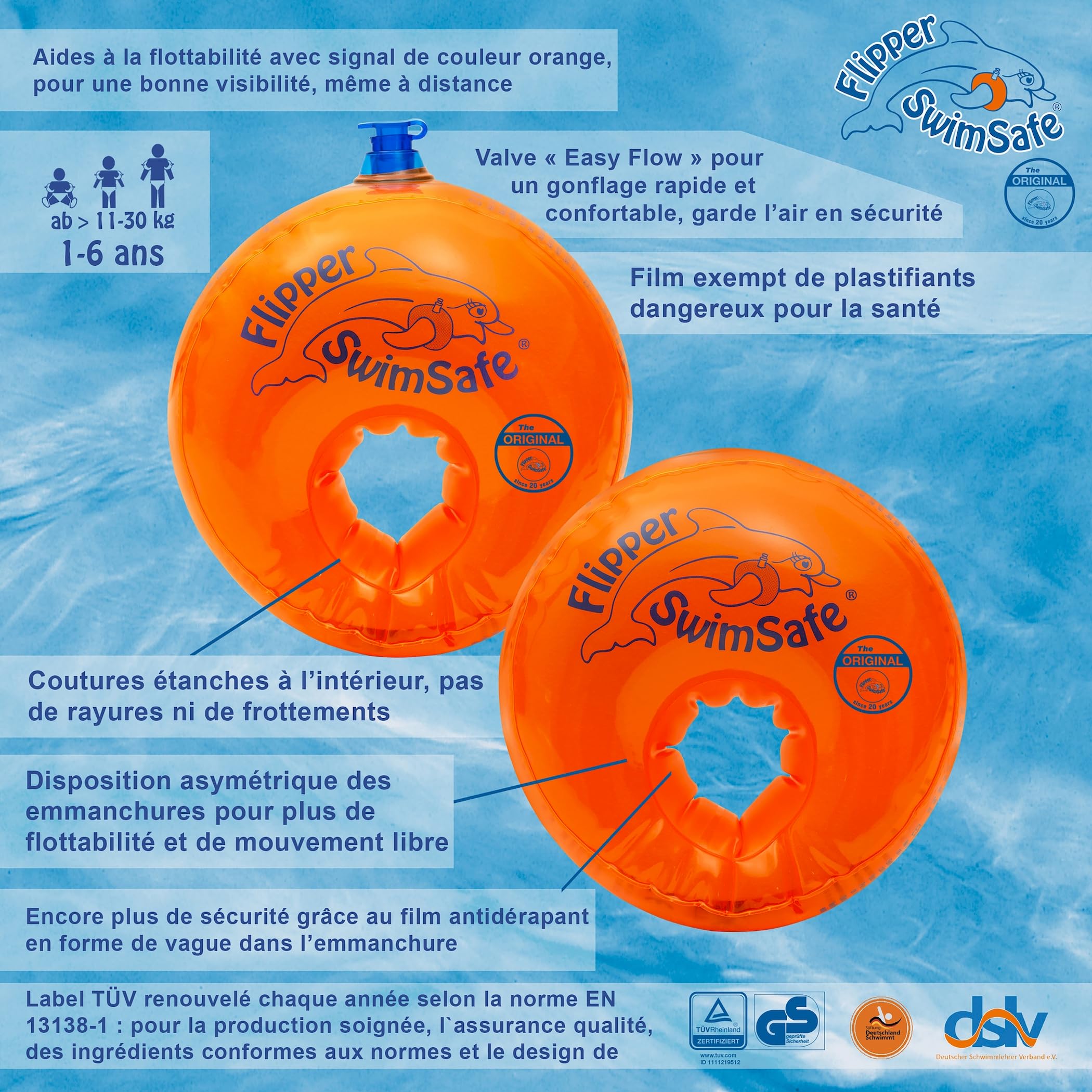 Flipper SwimSafe Aide à la Natation pour Les Tout-Petits, brassards avec Noyau en Mousse PE incassable pour Apprendre à Nager, vainqueur du Test Stiftung Warentest 05/2024