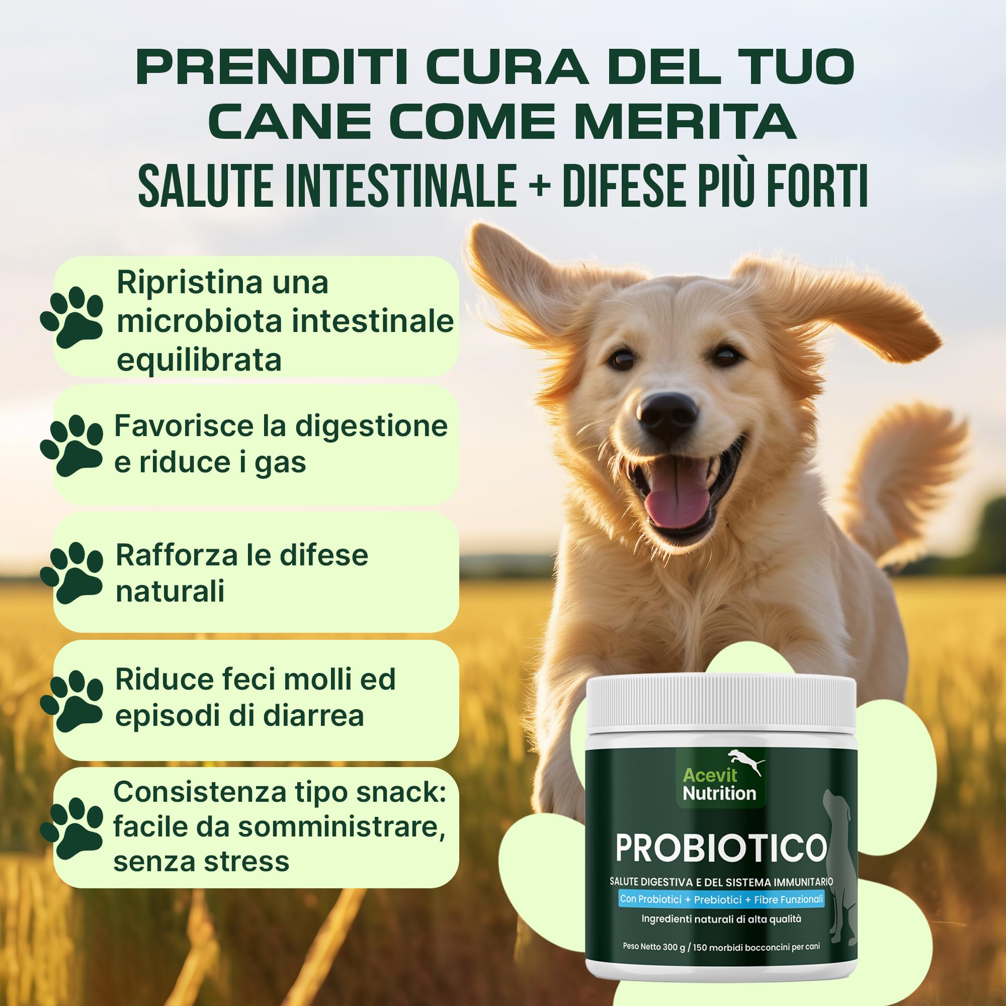 Probiotici Cani, 150 Bocconcini 100% Naturali con Prebiotici e Fibre · Flora Intestinale, Digestione e Stomaco Sensibile · Gusto Anatra – Acevit Nutrition