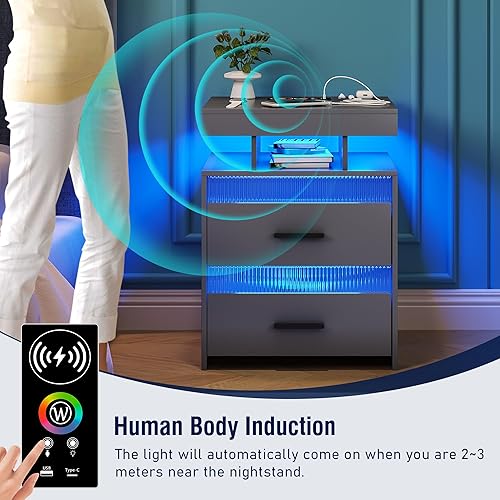 Miniatura 5 de OUTDOOR DOIT Mesita de noche con estación de carga inalámbrica y luces LED, mesitas de noche modernas, mesita de noche con 2 cajones transparentes y