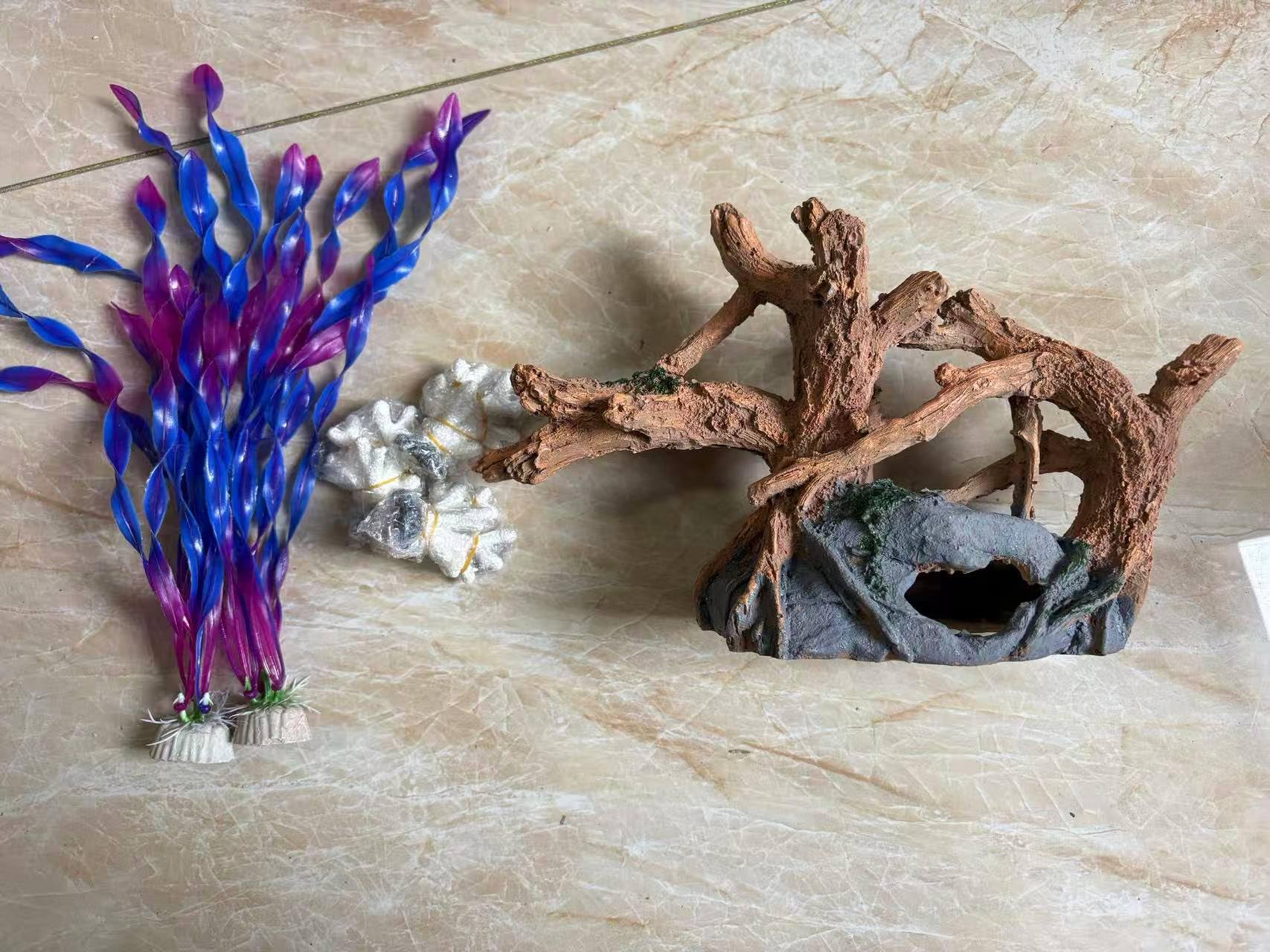 Décoration d'aquarium en bois flotté, motif racine d'arbre naturel avec mousse, cachette marron et grise pour aquarium, décoration en résine
