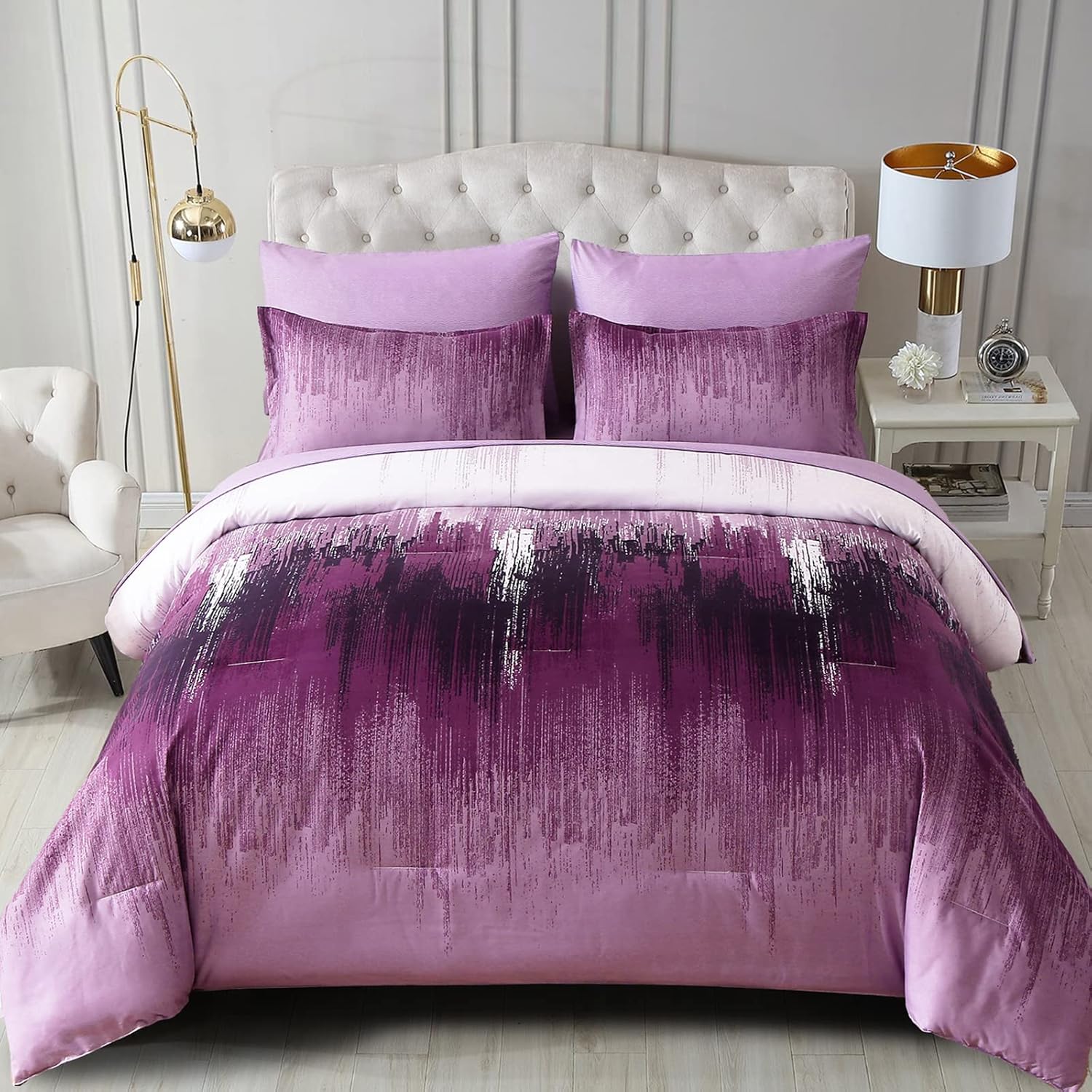 WONGS BEDDING Purple Comforter Set King, 7 Pieces Bed in a Bag Abstract Art Gradient Comforter Soft Microfiber Bedding Set -1 Comforter, 1 Flat Sheet, 1 Fitted Sheet, 2 Pillow Shams,2 Pillowcases King Purple