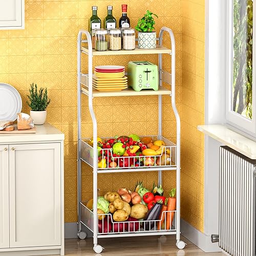 EKNITEY Carrito de cocina rodante Estante de 4 niveles para panadería para especias, frutas, verduras, aperitivos, ollas y sartenes
