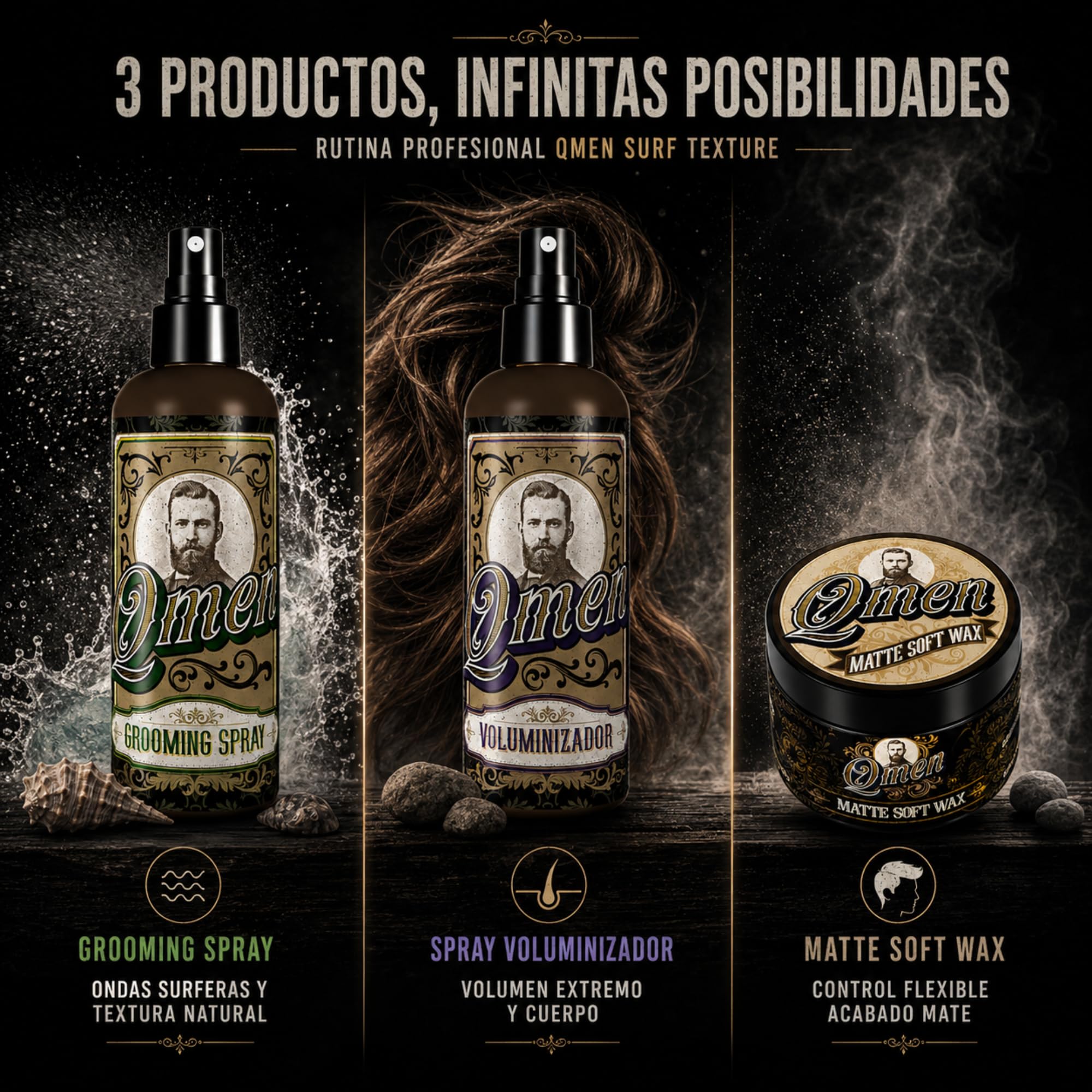 QMEN Kit Surf Texture Hombre – Sea Salt Spray 250ml + Spray Voluminizador 250ml + Cera Mate Flexible 100ml | Volumen Natural, Ondas Surferas y Acabado Mate Profesional | Styling Barbería Premium