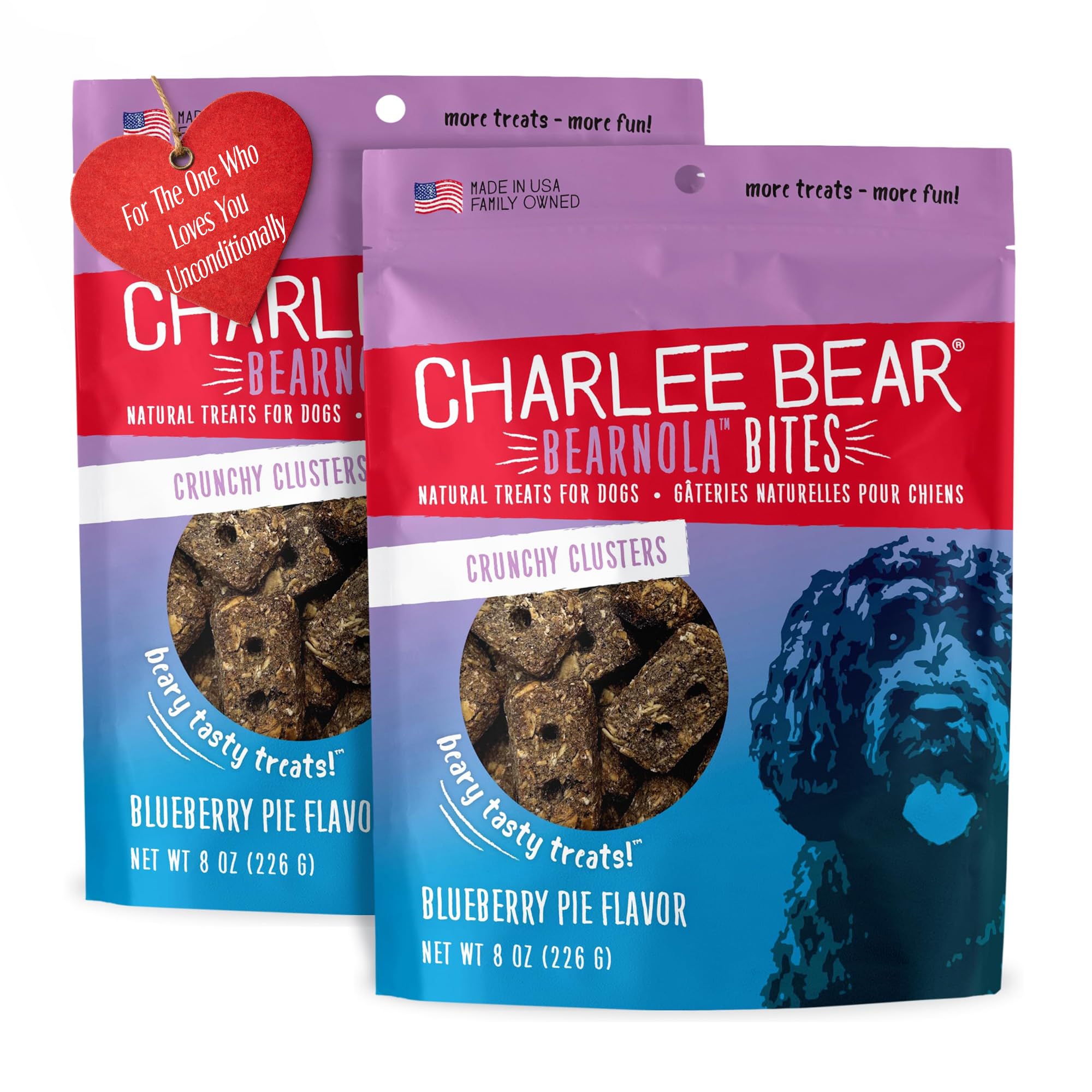 Charlee Bear Crunchy Dog Treats, Bearnola Bites Blueberry Pie, Puppy Training Treats, Vegan Dog Snacks, 8 oz Bags (2), Made USA