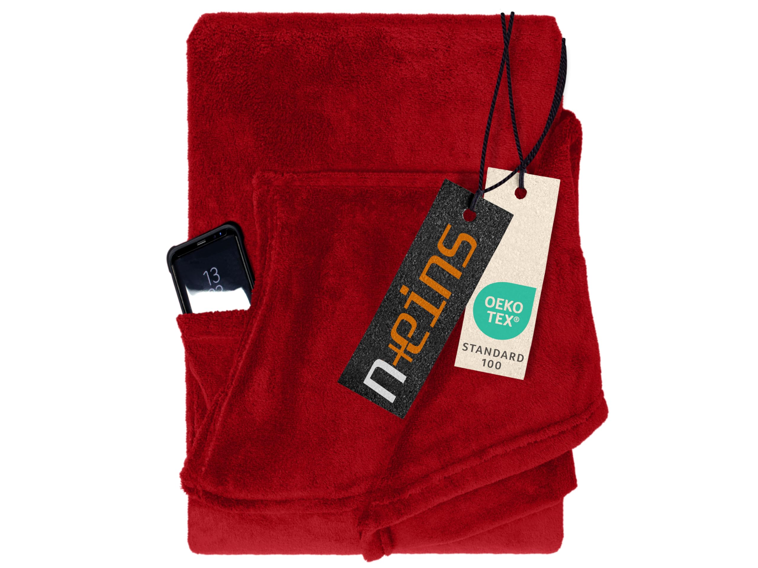 npluseins Decke mit Ärmeln Geschenke für Frauen und Männer 130x180 cm TV Deckenpullover Kuscheldecke das Original mit Ärmel & Bauchtasche 1448.2043, Bordeaux