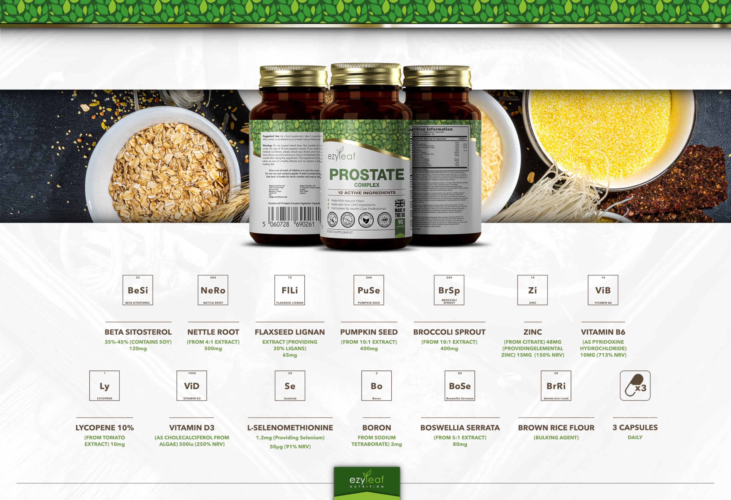 Ezyleaf Prostata Formula | Integratori Prostata Alta Potenza per Uomini | 90 Capsule di Ortica con Beta Sitosterolo, Zinco, Semi di Zucca, Boswellia Serrata e Altro | Prodotto nel Regno Unito