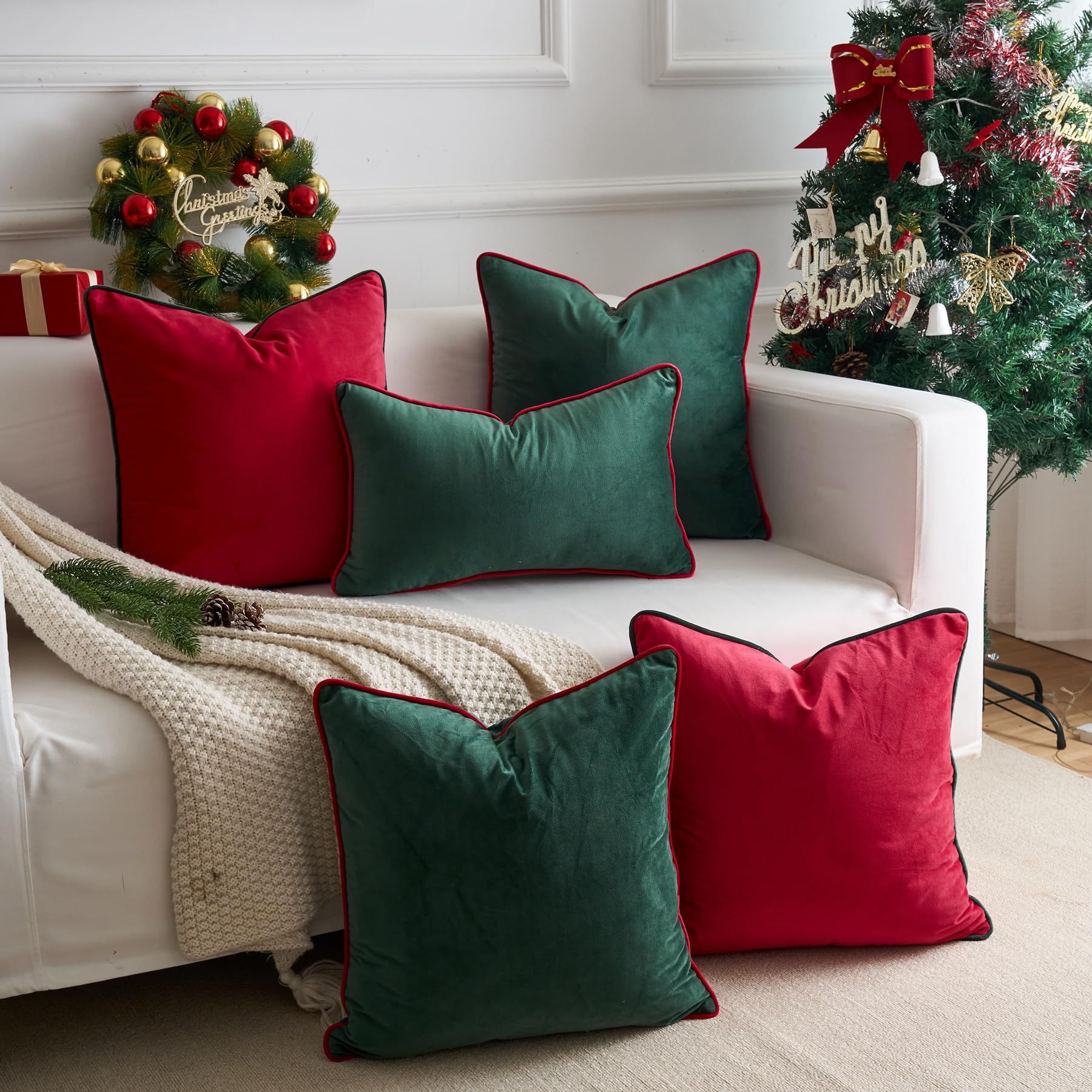 LIGICKY Set of 2 Red Velvet Throw Pillow Covers Modern Minimalist Style Solid Decorative Dark Green Rope Edging Soft Square Cushion Cases for Sofa Bedroom Party Christmas Décor - Image 4